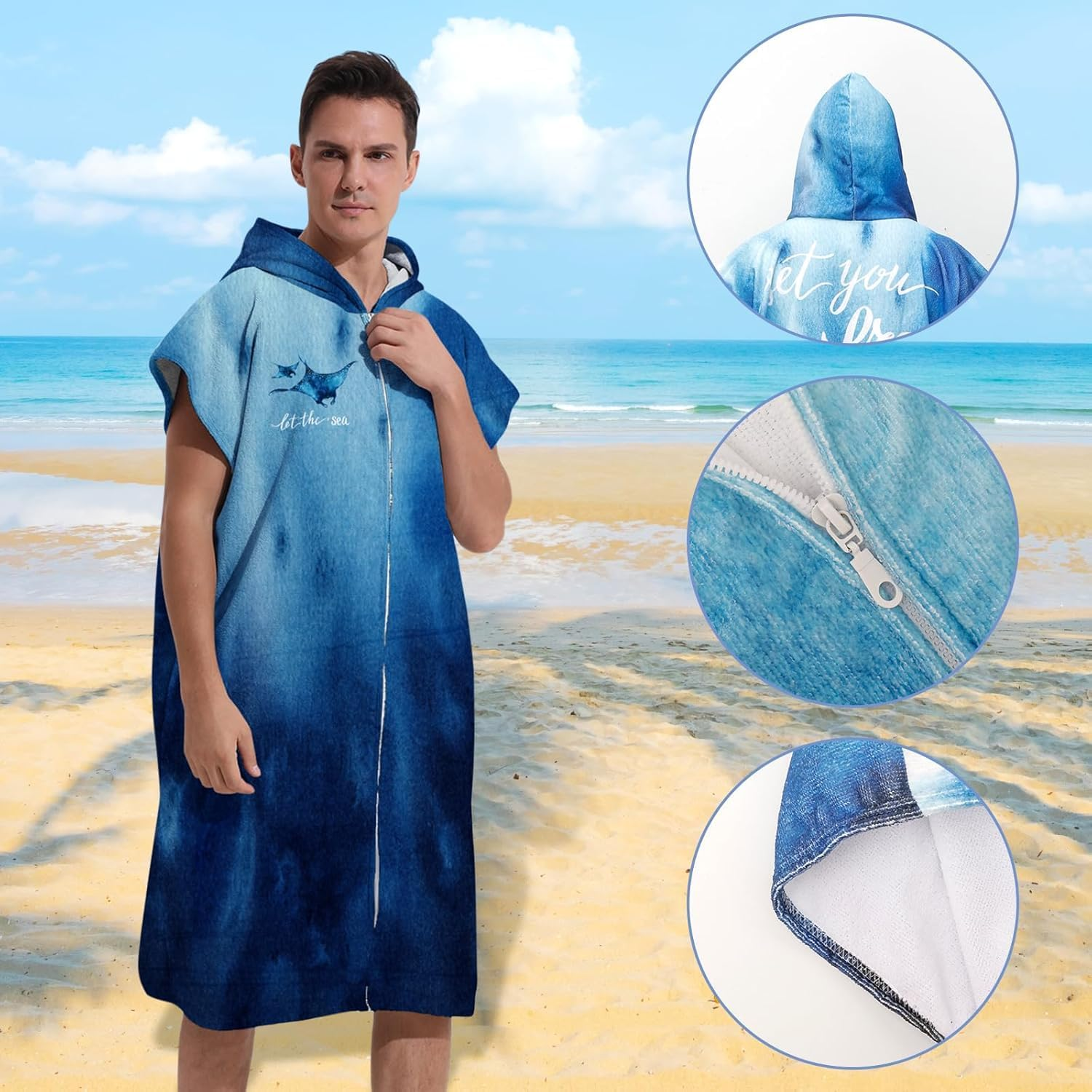 Soft Microfiber Surf Poncho Changing Towel Swim Robe Terry Cloth Swim Cover up with Hood and Zipper Quick Dry for Women Men Towel Poncho Hoodie image number 5