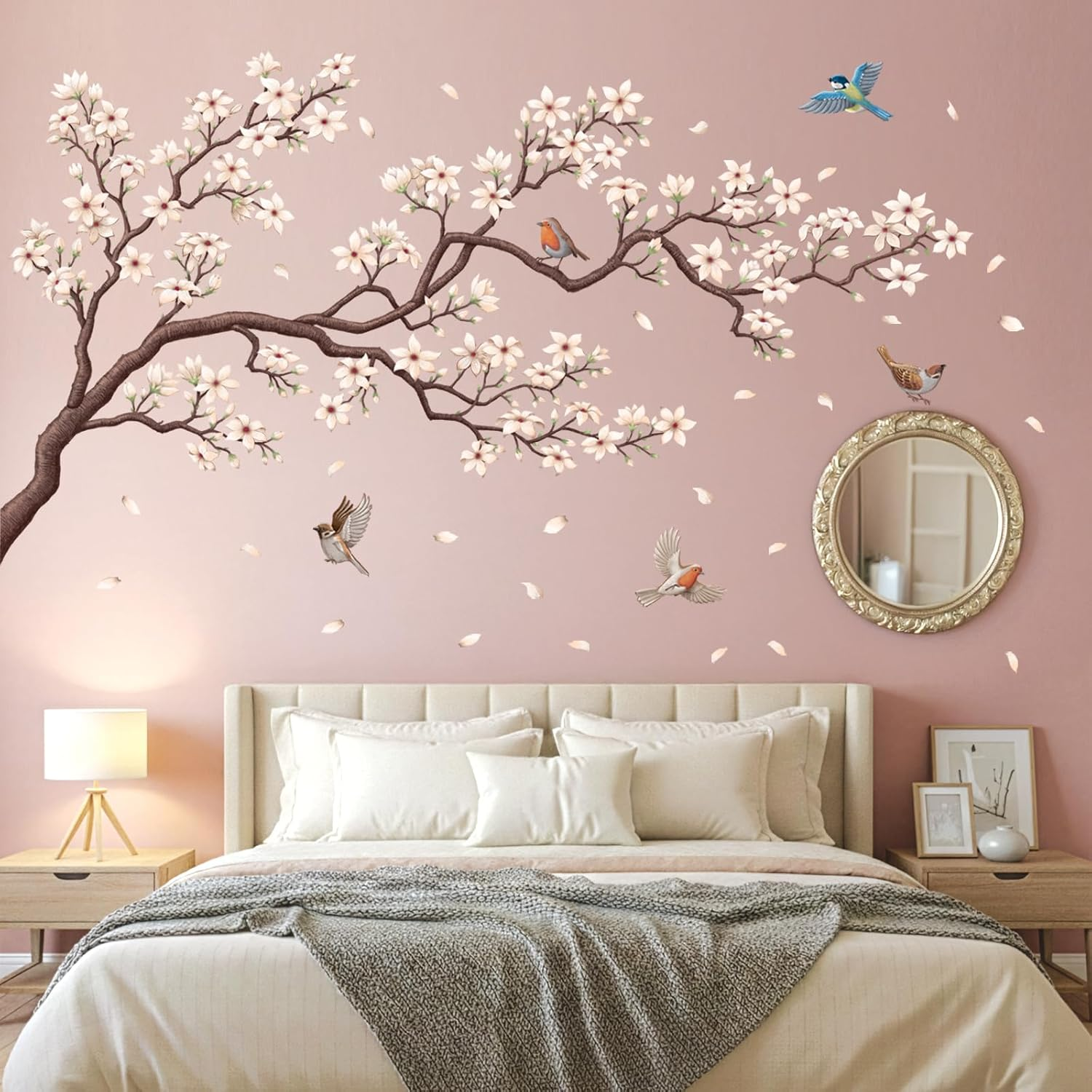 DECOWALL SG2-2424 White Cherry Blossom Branch Wall Stickers Removable Decals Nursery Bedroom Living Room Art Home DIY Decor Floral Birds Murals Colorful Oriental Decoration image number 2
