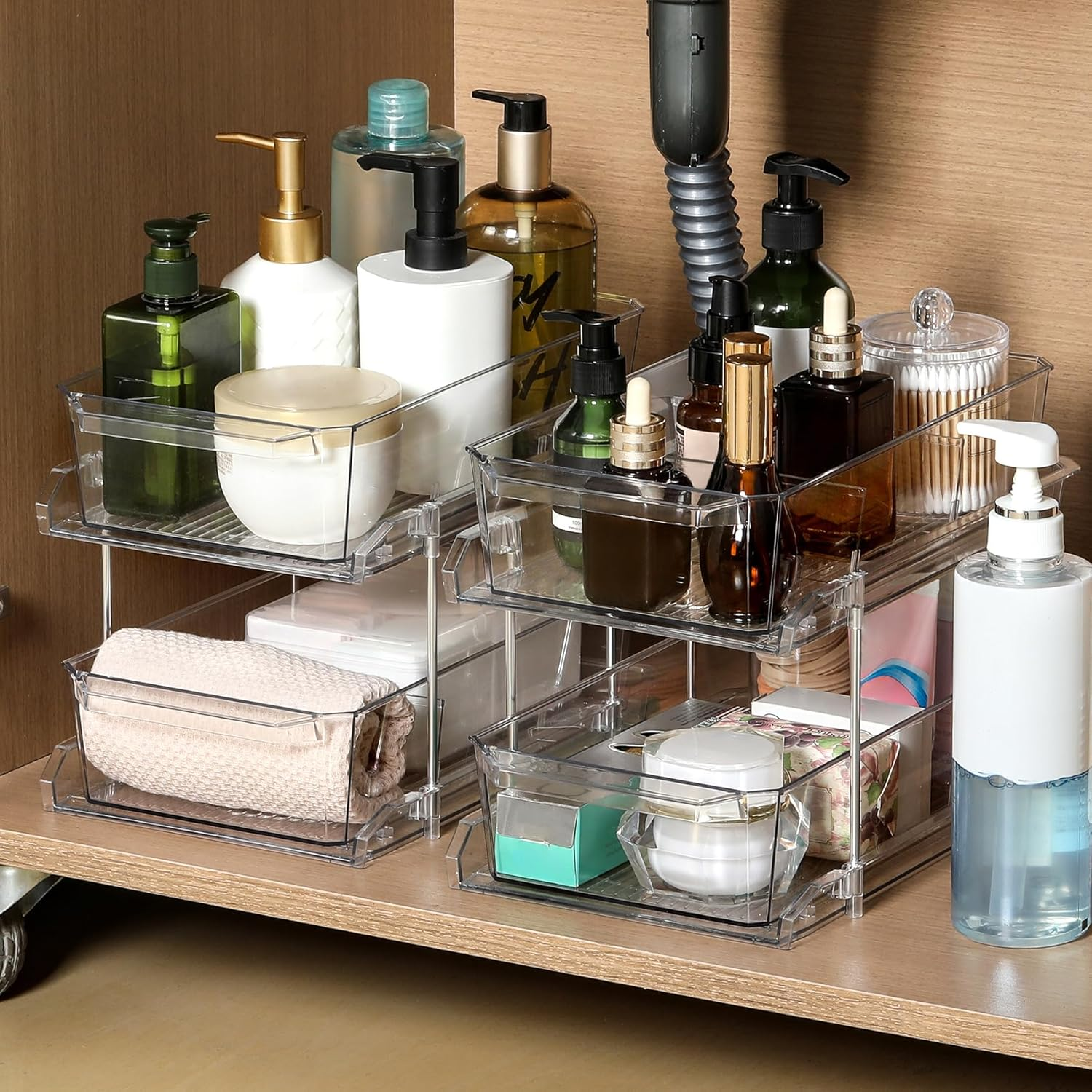 2 Tier Clear Organizer with Dividers for Cabinet, Shlef, Counter - Multiuse Slide-Out Storage Container - Kitchen, Pantry, Medicine Cupboard Bins, Bathroom, Vanity Makeup, under Sink Organizing image number 3
