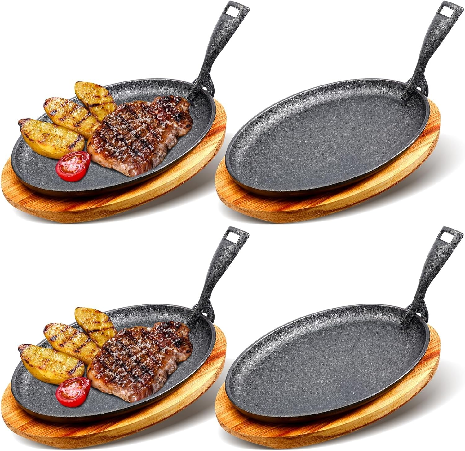 Cast Iron Skillet Set 10.63'' X 6.89'', Fajita Plate Sizzling Pan with Wooden Base anti Scald Protection Removable Handle for Restaurant Kitchen Cooking Accessory BBQ Party, XICEN Steak Pan (4 PCS) image number 5