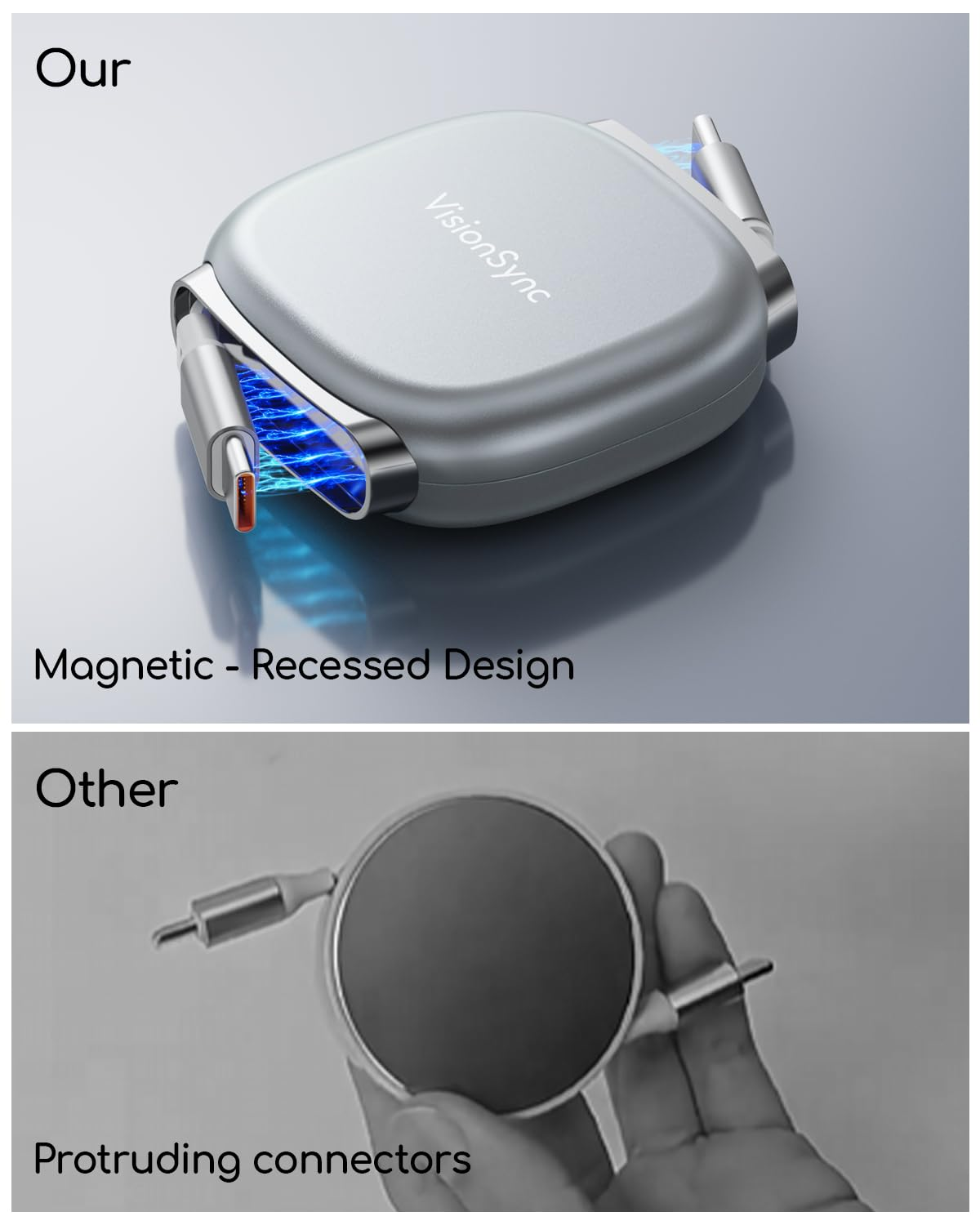 Visionsync 240W USB C to USB C Cable,Pd3.1 Retractable USB C Cable with Magnetic Slot for Travel,Car,5 Preset Length,Fast Charging for Iphone 17/16/15,Ipad,Macbook,Galaxy S25/24,(1M,2Pack,Grey) image number 1