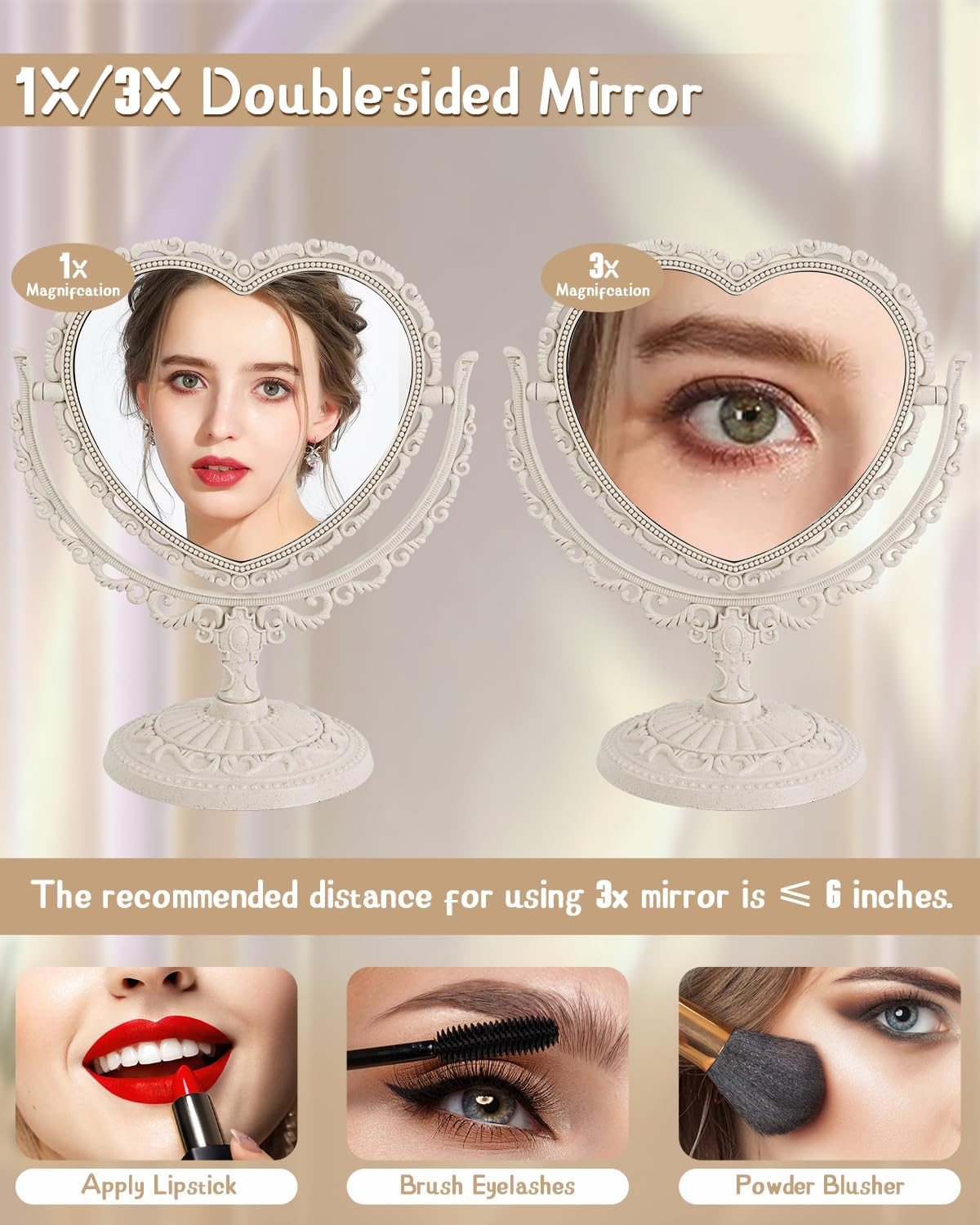 D&X 7-Inch Heart Mirror 360 Degree Rotation Double Sided Magnifying Makeup Mirror,One Side with 3X Magnification Bathroom Bedroom Vanity Mirror(Beige, Heart-Shaped) image number 4