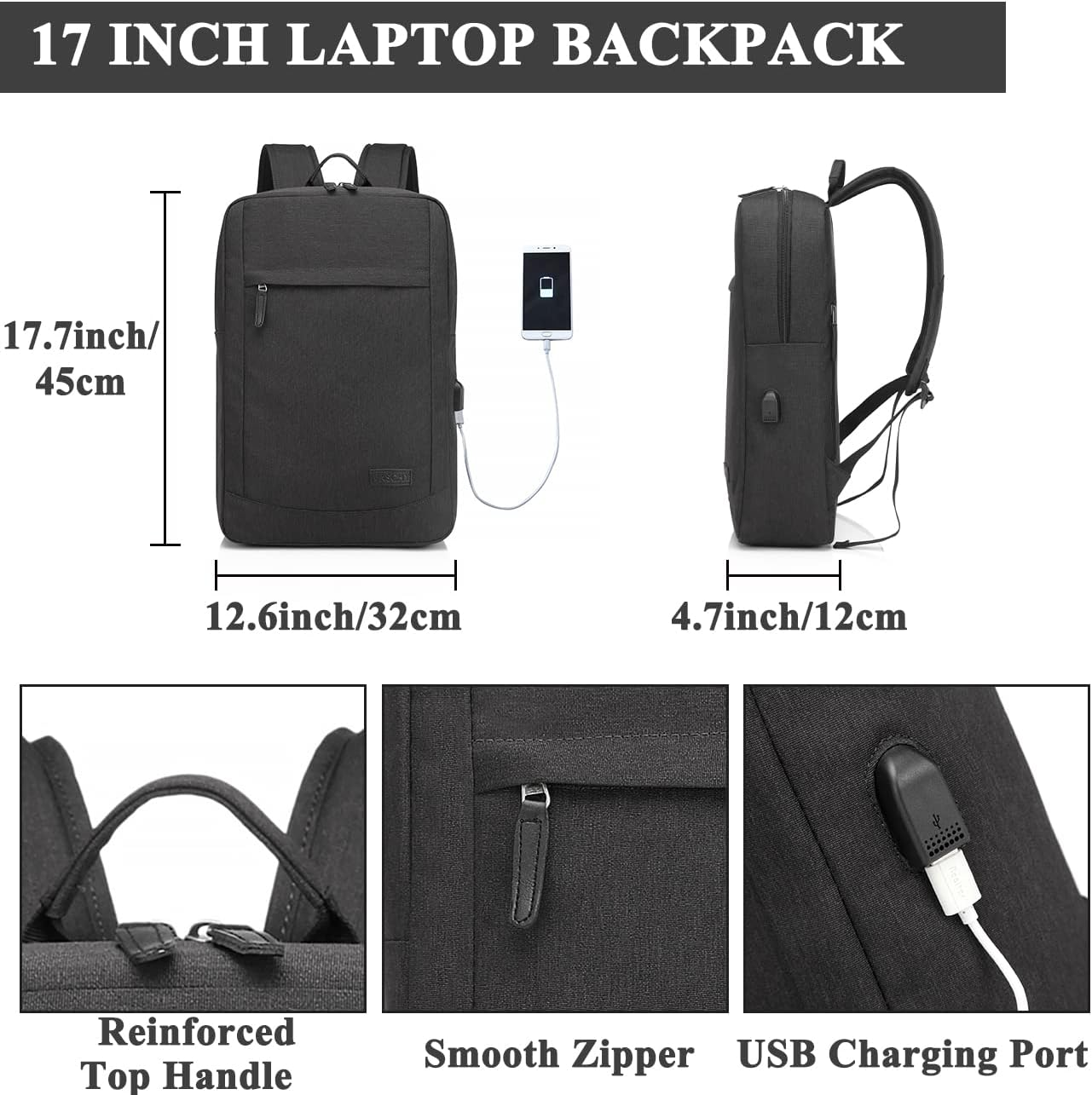 Laptop Backpack for Men Women, VASCHY Lightweight Business Backpack Fits 15.6-17 Inch Laptop College School Computer Bag for Work Travel Rucksack with USB Charging Port Black - Dark Gray image number 6