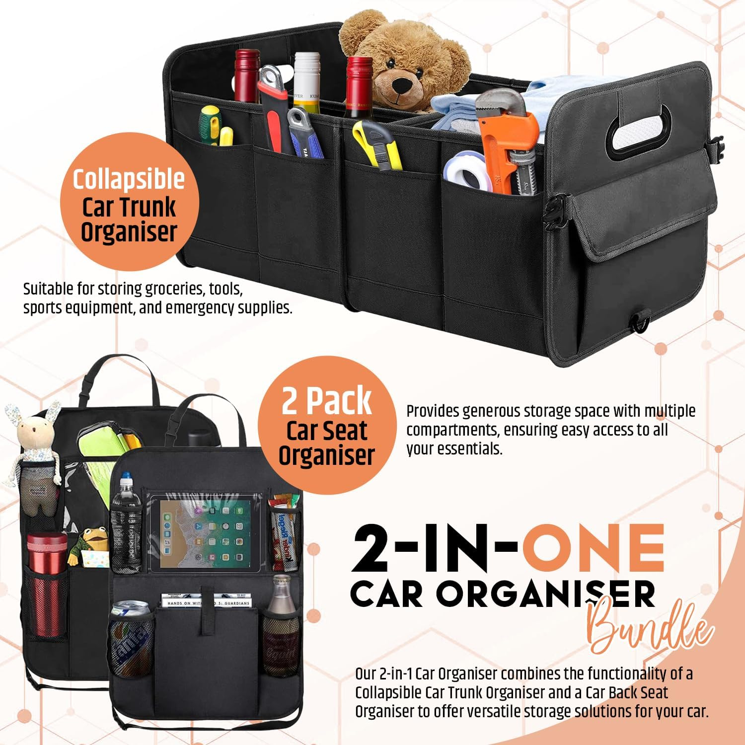 Car Boot Organiser with Super Capacity Storage &ndash; Collapsible, Car Trunk Organizer with Reinforced Handles, Adjustable Straps & Non-Slip Bottom &ndash; 2 Seatback Organisers for Suvs, Sedans, & Rvs - Black image number 3
