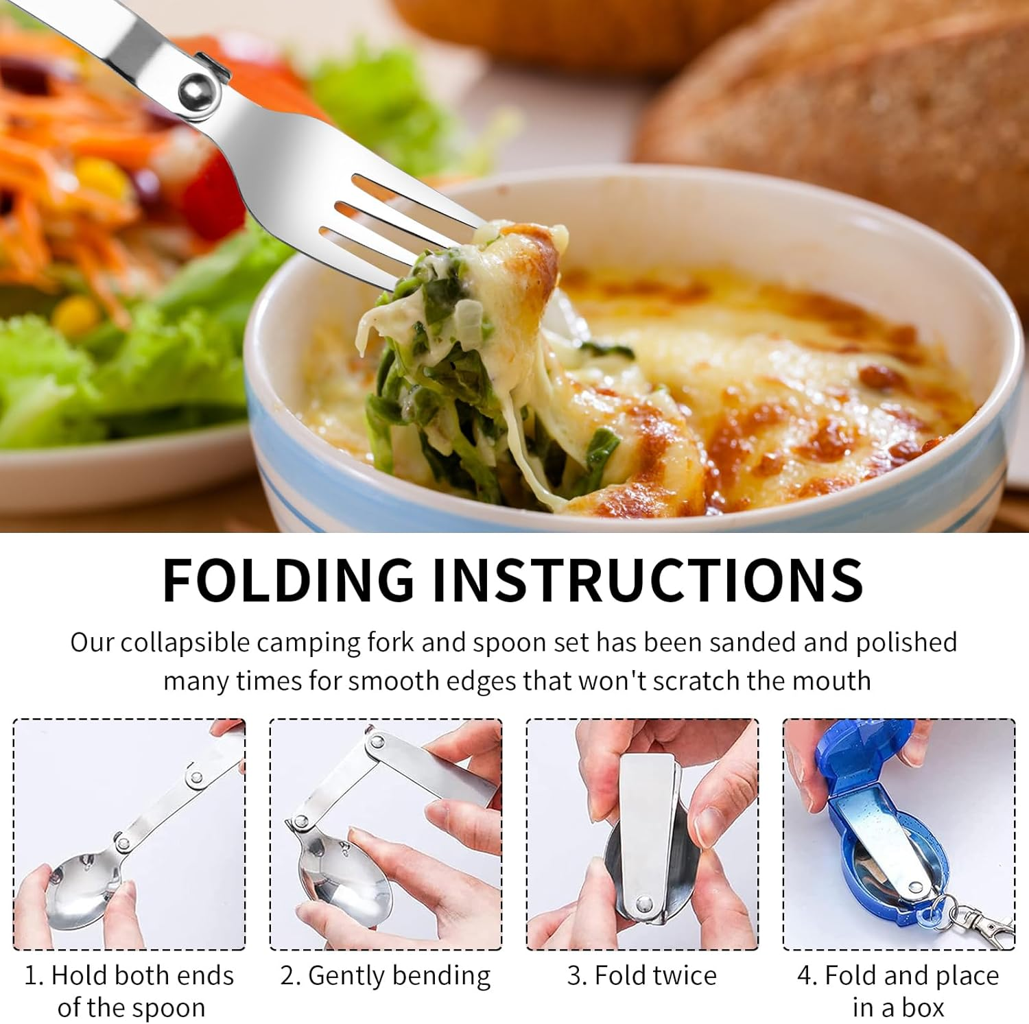 Hoxfly 2-Piece Foldable Stainless Steel Spoon and Fork Set, Includes 2 Cases, Portable Camping Cutlery for Outdoors Picnic Thermos Travel image number 4