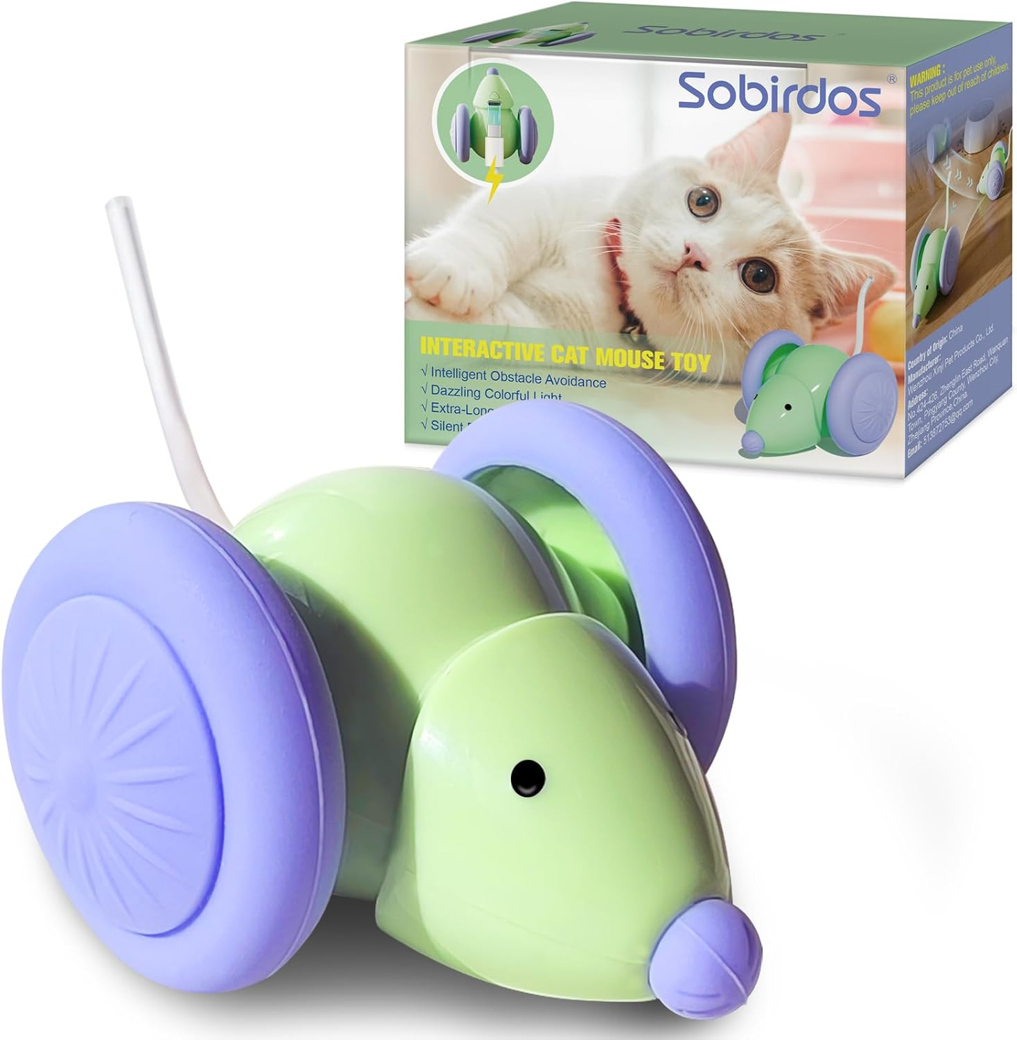 Sobirdos Smart Electric Cat Toy, Cat Toys for Indoor Cats,Interactive Mouse Toy, Kitten Toys,Interactive Cat Toy, Automatic Cat Toy,Silent Cat Toy with LED Lights,Auto On/Off,Usb Rechargeable(Green) image number 2