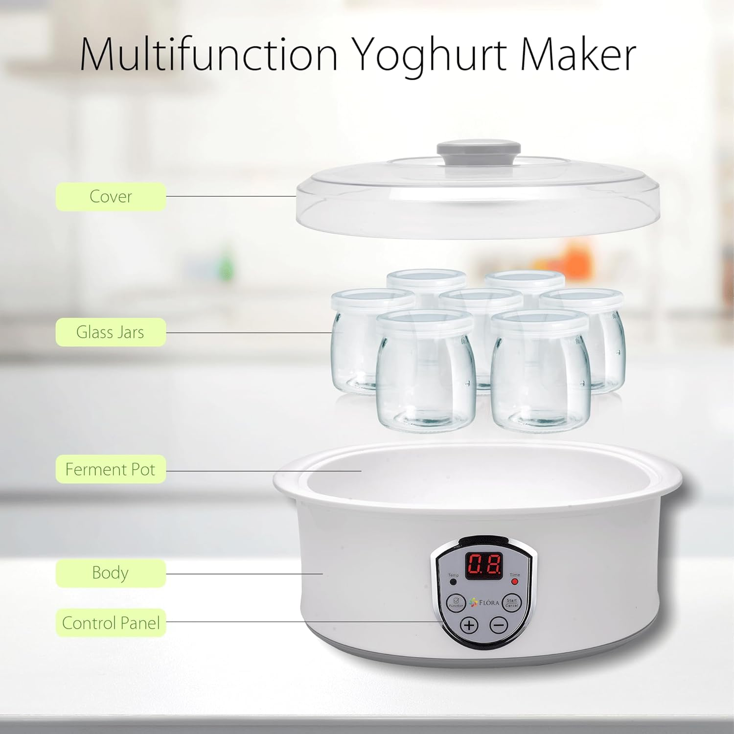 Flora Yoghurt Maker Machine-Electric Automatic Yogurt Making Machine-Large Capacity 1.5L with Natto/Rice Wine Function-7 Glass Jars -Home Organic Yogurt Incubator- Fermented Curd Maker-Fl-Yme-715 image number 4
