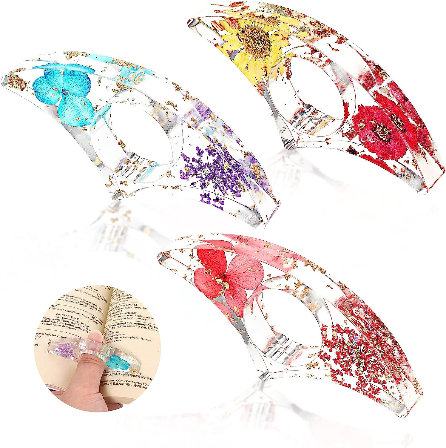 Prasacco 2 Pieces Book Page Holder, Dried Flower Book Holders for Reading Thumb Ring Page Holder Flower Bookmark Reading Accessories for Readers Books Lovers Bookworm Bookmarks (3 PCS Style 2)