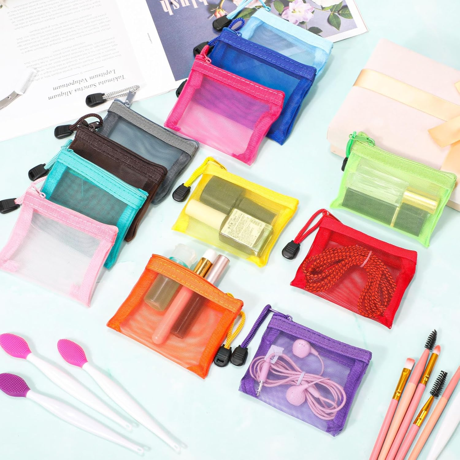 Jexine 24 Pcs Mini Zipper Mesh Bags Lipstick Cosmetic Accessories Organizer Nylon Makeup Zipper Pouch Small Cosmetic Bag for Purse Beauty Mesh Travel Pouch for Women(4 X 3 Inch,Bright Color) image number 1