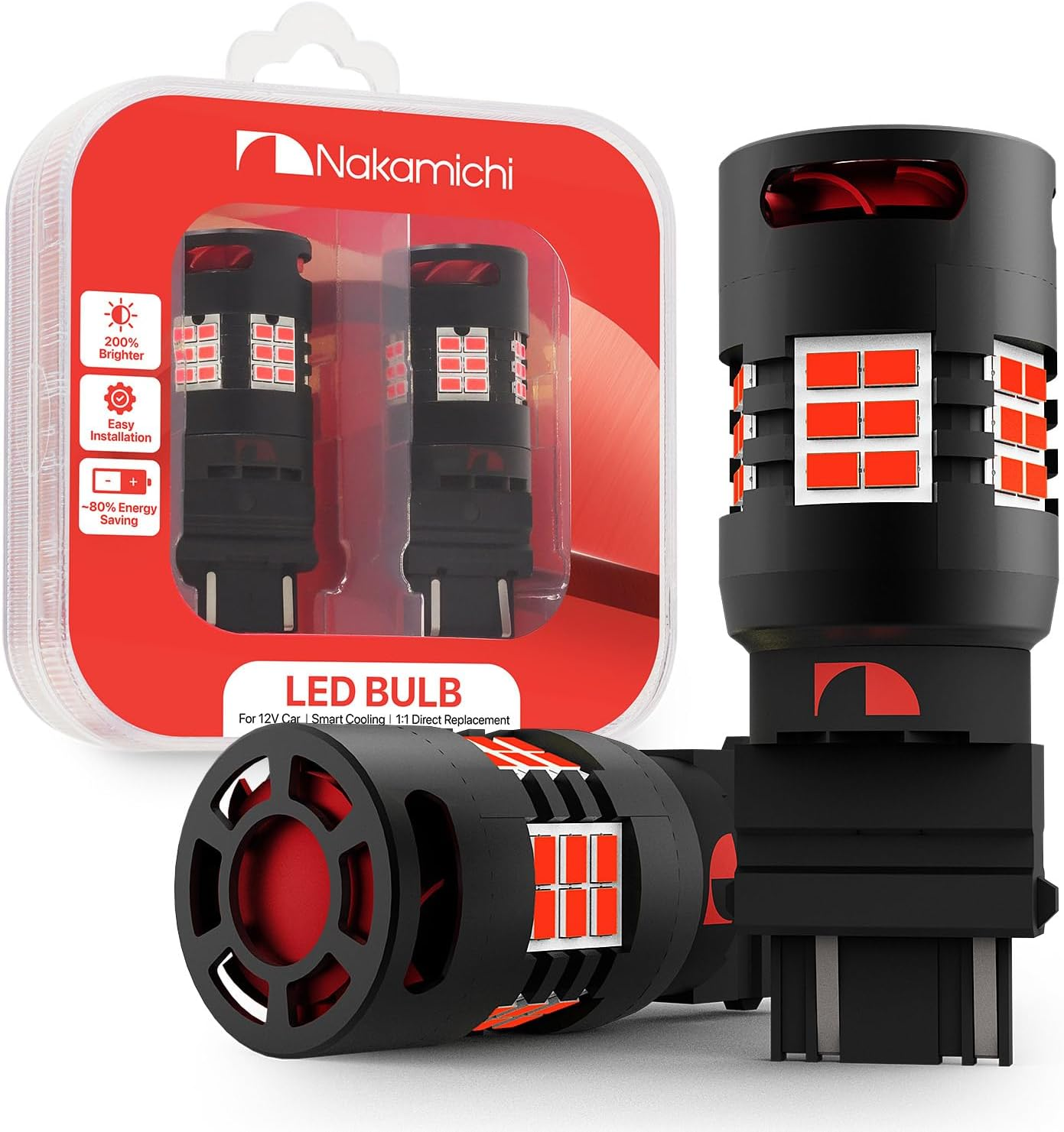 Nakamichi T20 7443 7441 7444 (W21/5W) Car LED Bulb 30-SMD 3020 Chip with Canbus Error-Free 12,000 RPM Fan for Brake Turn Signal Indicator Reverse Backup Tail Light (Monza Red, 30 Leds, Pack of 2)