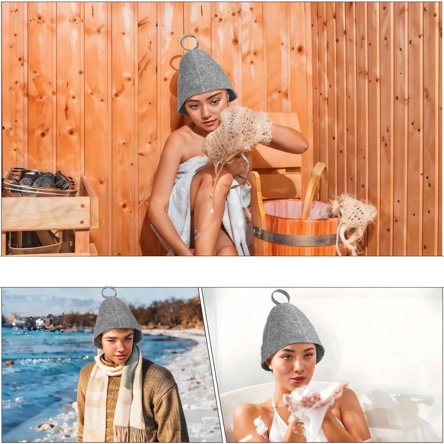 2 Pieces of Sauna Hats,Infrared and Steam Room Caps,Unisex,Wool Felt Sauna Head Protection Hats, Sweat Room Hair Protection,Bathing Caps(Grey, White) image number 2