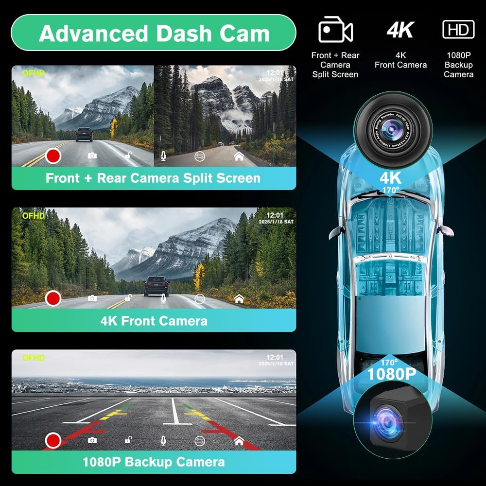 Car Stereo 9 Inch Portable Car Audio Carplay Android Auto Airplay Mirrorlink 4K Dash Cam + 1080P Rear Backup Camera + 64GB Micro SD Card Driving Recorder Parking Assistance image number 6