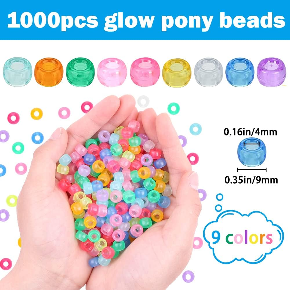 1000Pcs Glow in the Dark Pony Beads Mix 9 Colors Glow Pony Beads Luminous Beads Bulk Acrylic Hair Beads Plastic Pony Beads for Hair Braiding Bracelets Necklaces Making image number 4
