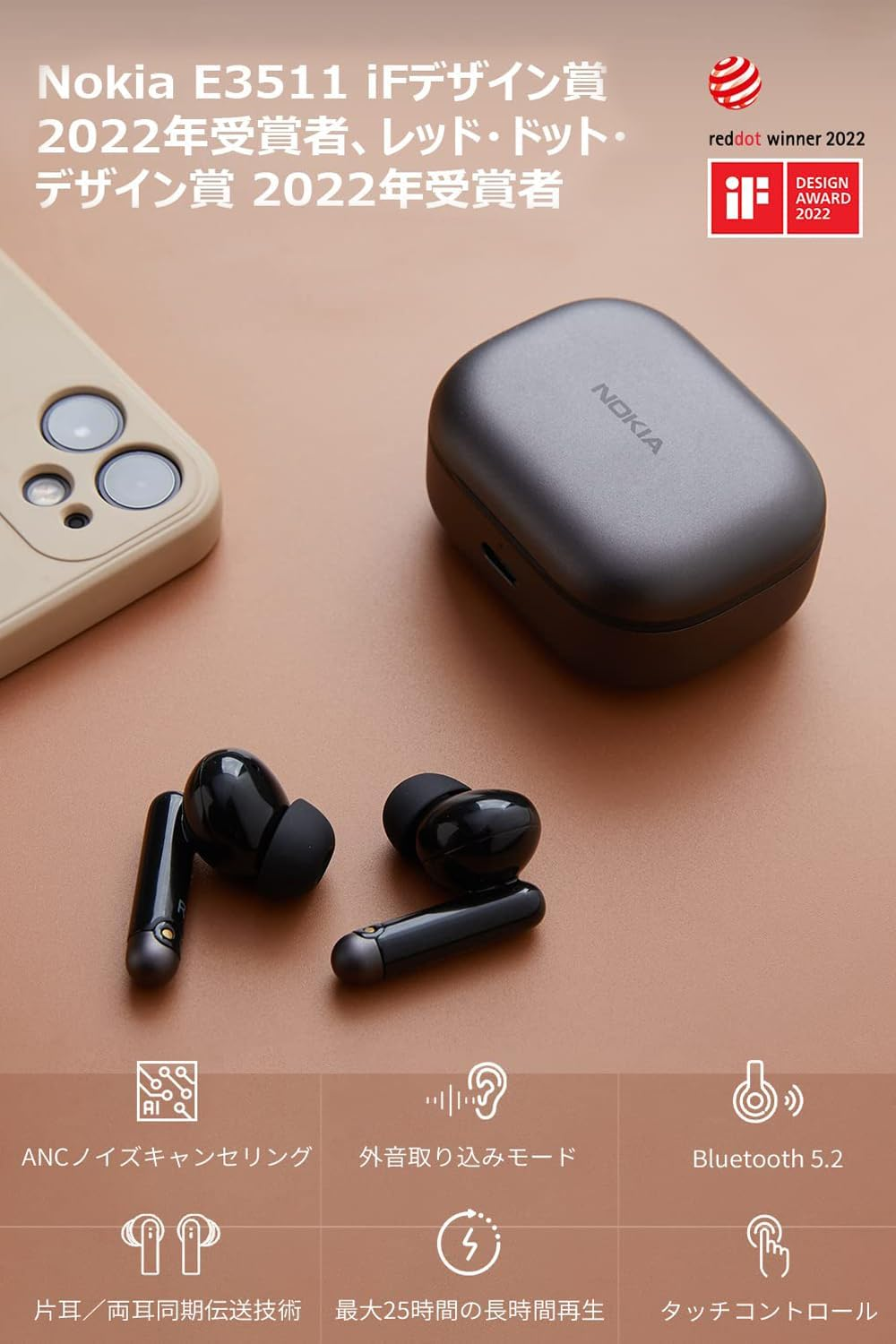 Nokia Essential True Wireless Earphones (E3511), Fully Wireless Earbuds, Bluetooth, Noise Cancellation, External Sound Capture / 25 Hours of Music Playback, Instant Connection, Hands-Free Calling image number 1