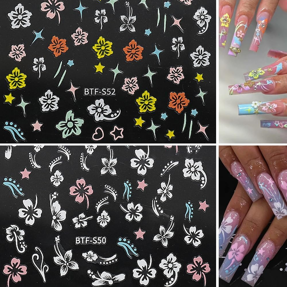 6Sheets Hibiscus Flowers Nail Stickers, 3D Self-Adhesive White Pink Gold Flower Pattern Nail Decals Manicure Tropical Accessories for Women Girls