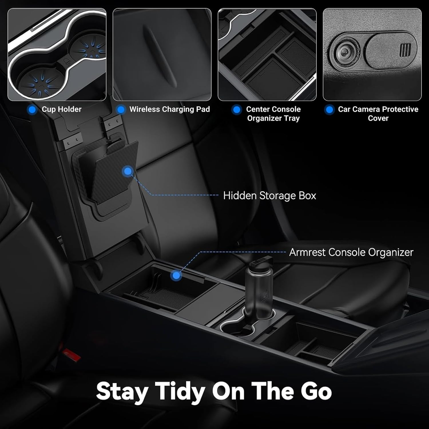 Ixtra 6PCS Center Console Organizer for Tesla Model Y Juniper 2025 2026-Model 3 Highland 2024 2025 Custom Fit Tesla Accessories [Smooth Sliding] Armrest Tray Hidden Storage Box Cup Holder Webcam Cover image number 1