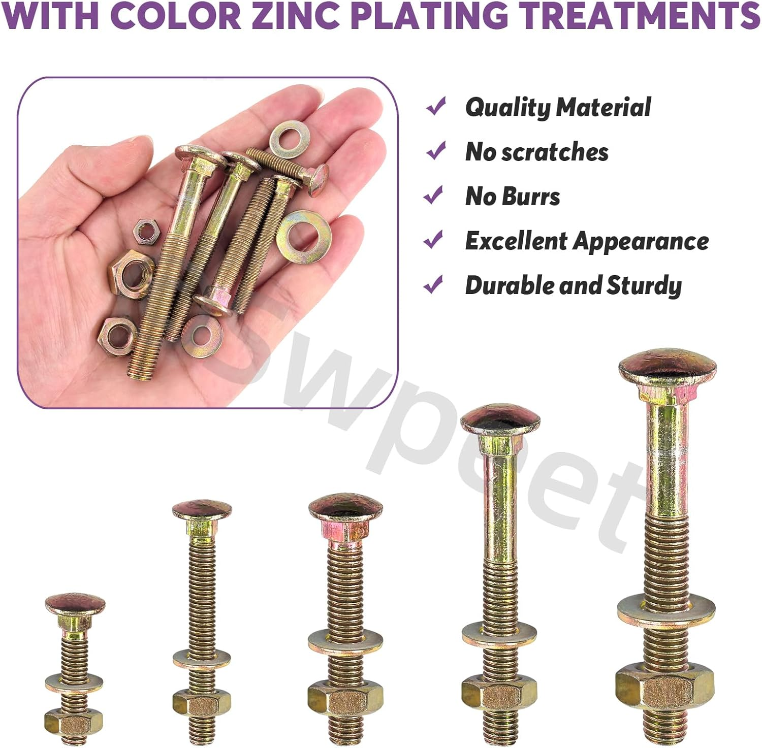 Swpeet 60Pcs 5 Sizes M6&times;30 M6&times;50 M8&times;50 M8&times;70 M10&times;80 Colored Zinc Plated Carriage Bolts Screws Nuts Washers Assortment Kit, round Head Square Neck Screws, Full Thread Carriage Bolts - Black image number 4