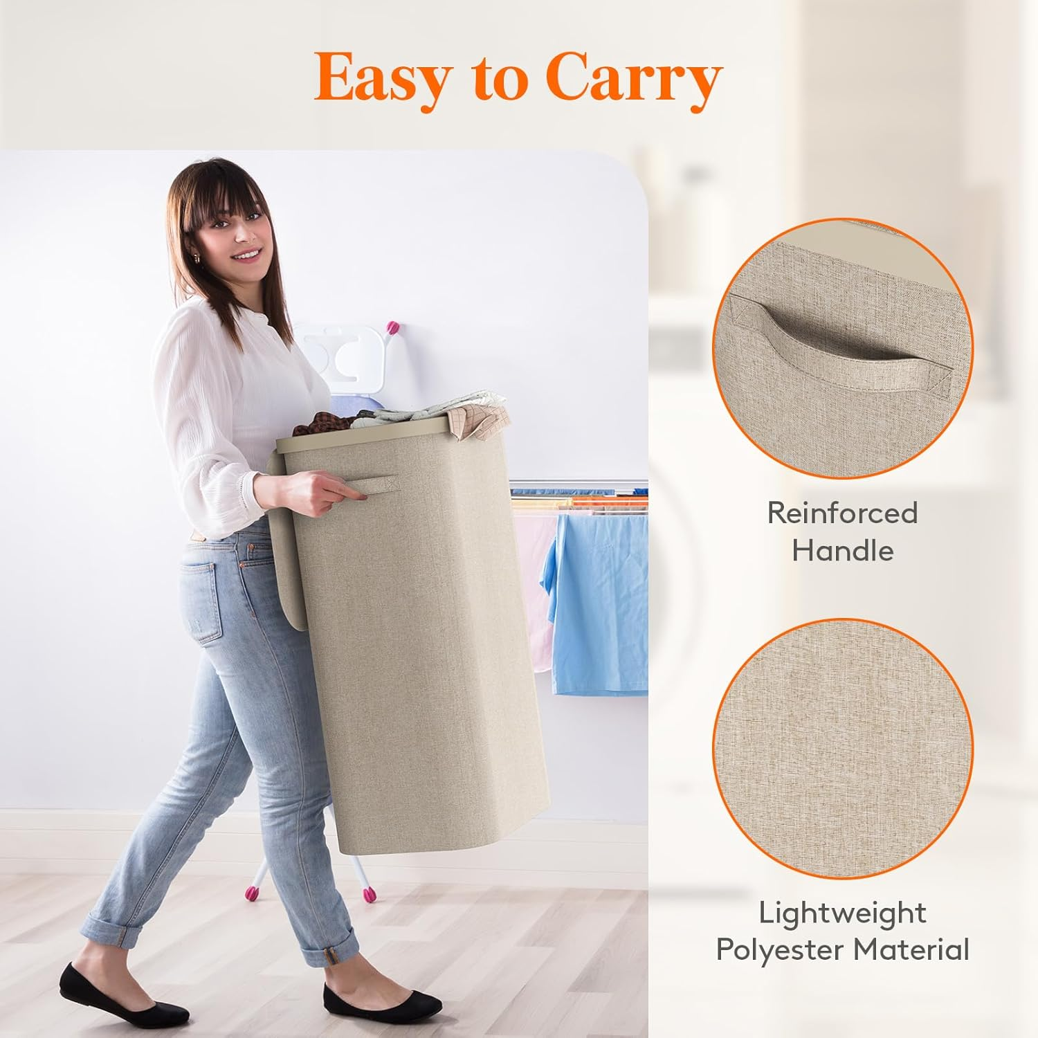 Lifewit 100L Plastic Laundry Hamper with Lid, Foldable Laundry Basket with Removable Bag and Lid, Large Tall Dirty Clothes Hamper for Laundry Room, Bathroom, Bedroom, Dorm, Beige image number 5