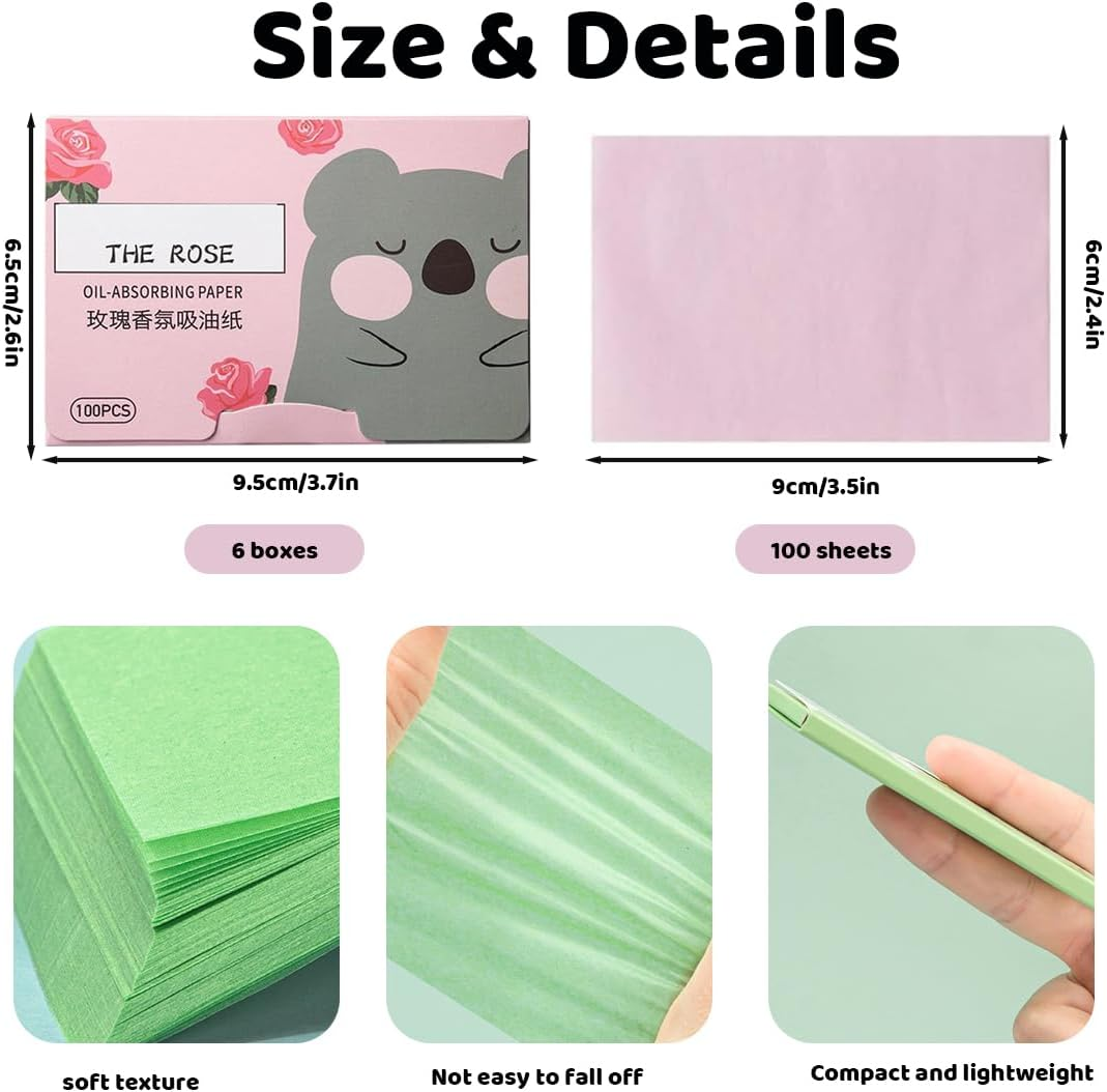 XYTAHDM 600 Sheets Blotting Paper Oil Control Paper Face Blotting Paper Face Oil Absorbent Paper for Men Women Oily Skin (6 Colours) image number 1