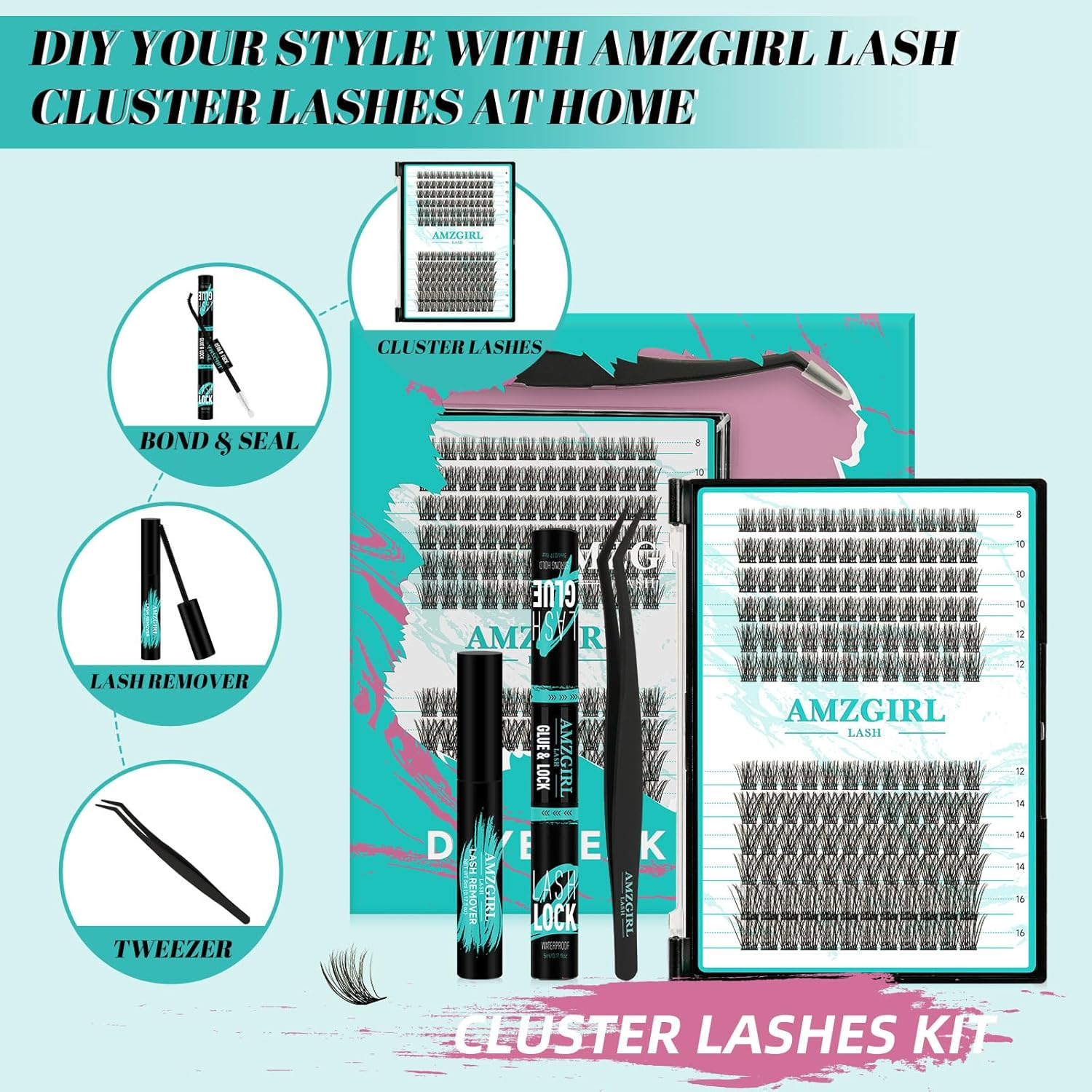 Lash Extension Kit Daybreak Lash Clusters Kit Lash Bond and Seal Eyelash Remover and Eyelash Applicator for Diy Lash Extension Set at Home by Amzglrl(Daybreak,D-Mix8-16Mm Kit) image number 4