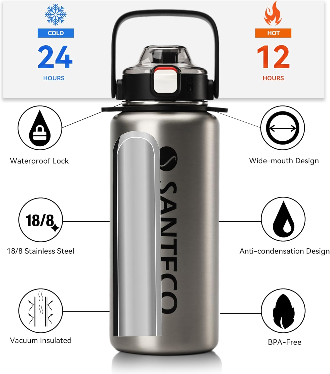 SANTECO 1.2L Vacuum Insulated Sports Water Bottle &ndash; Detachable Shoulder Strap, Leakproof, Keeps Hot 12H/Cold 24H, Wide Mouth with Straw (Silver, Stylish Design for Sports Drinks) - Steel image number 2