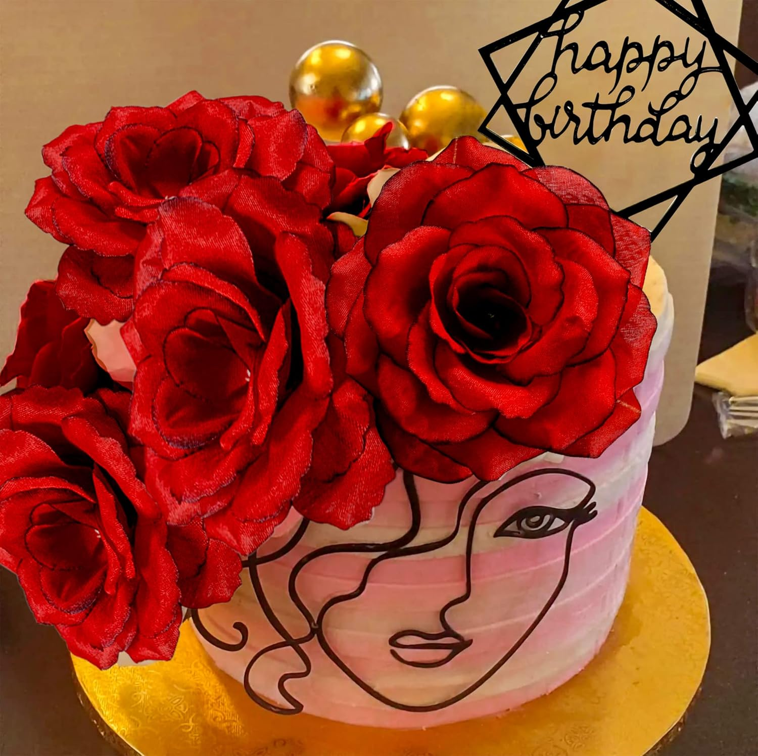 Jevenis Red Acrylic Minimalist Art Lady Face Cake Topper - 2 Pack with 5 Roses - Vintage Rose Flower - Birthday Party