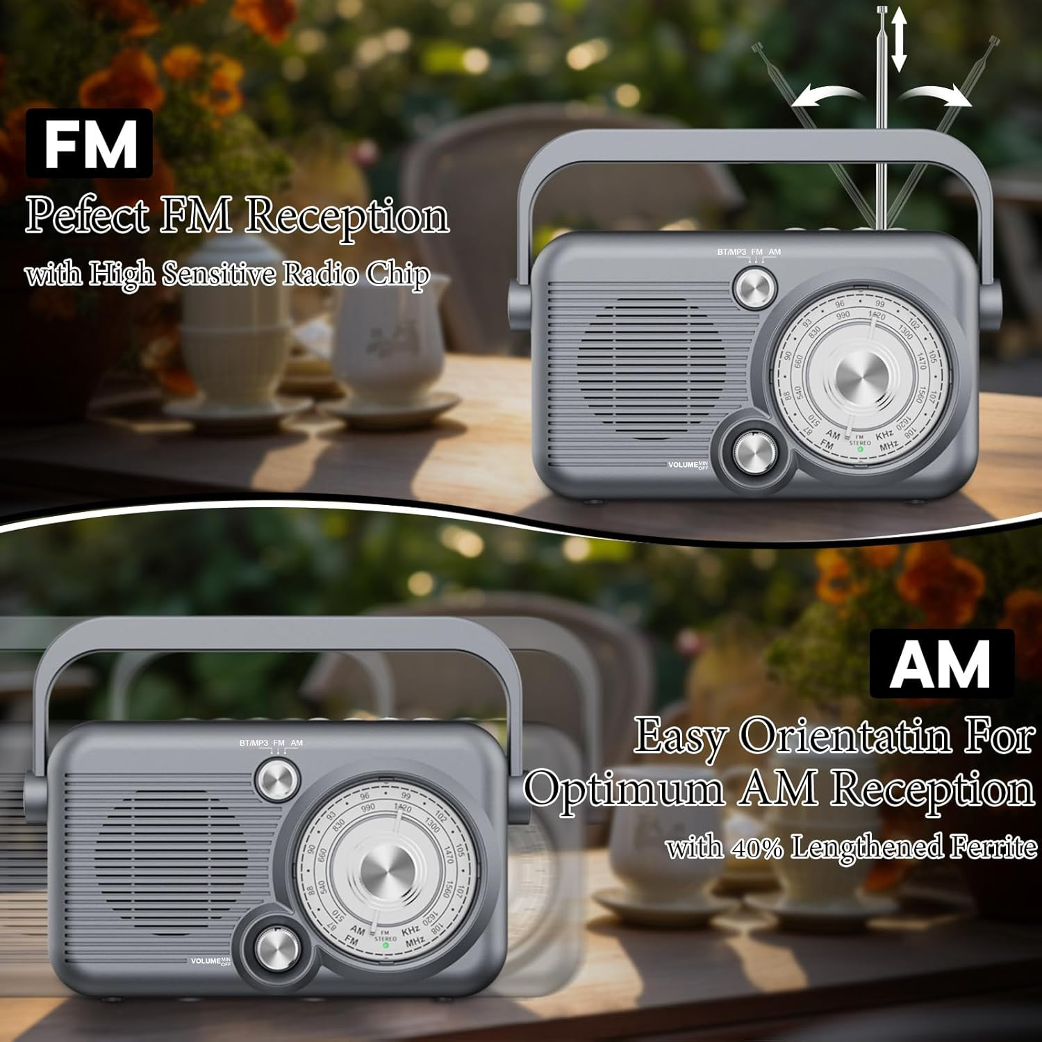 AM FM Radio, Portable Radio Support Battery Operated or AC Power, 5W Speaker with Bluetooth, Supports USB/TF/AUX Function, Simple Radio for Seniors image number 4