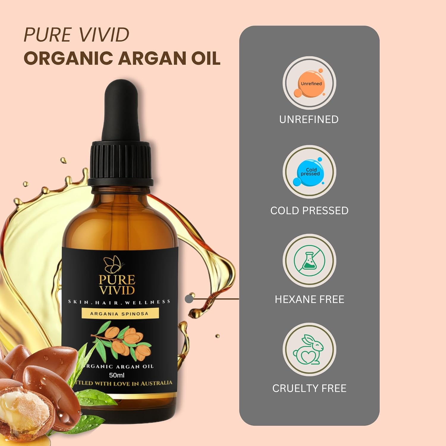Pure Organic Moroccan Argan Oil &ndash; Cold-Pressed & Unrefined Natural Moisturizer for Face, Hair, Nails & Body | Non-Greasy, Fast Absorbing & Rich in Antioxidants Argon Oil | Glass Bottle with Dropper image number 1