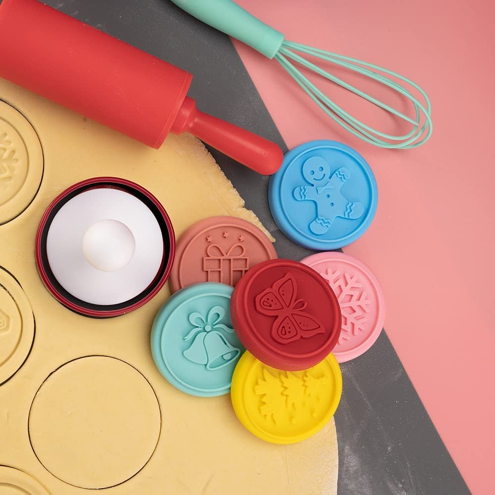 Cute Silicone Cookie Stamps Set- 6PCS Biscuit Cutter Fondant Mooncake Mold with Handle Cake Dessert Adjustable Pressable DIY Baking Decoration Tool for Christmas Holiday Home and Kitchen(Random Color) image number 5