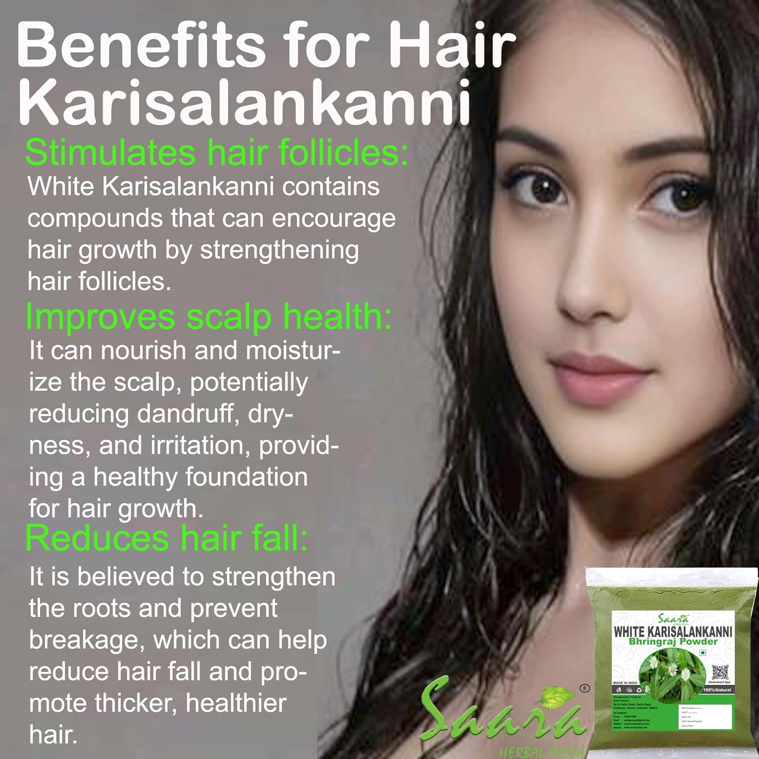 Saara HERBAL FRESH White Karisalankanni Powder, 100G, Bhringraj, Eclipta Prostrata, Gunta Kalagaraku, Kesaraja, Bhangra, for Hair Care (Pack of 1 X 100G) image number 1