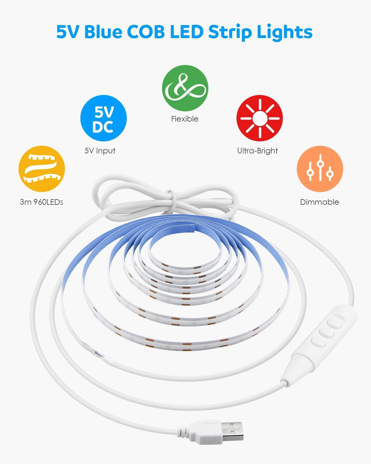 Aclorol 3M 5V USB COB LED Strip Light Ice Blue Dimmable Flexible Light Strip 960 Leds 8Mm Width LED TV Backlight with 1.5M USB Cable for Indoor Christmas Holiday Party DIY Lighting Decoration image number 5