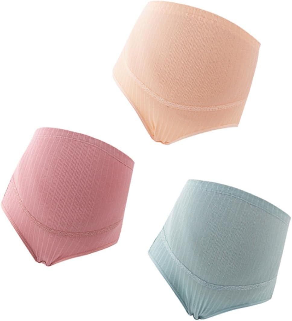 3Pcs XL Cotton Maternity High Waist Underwear with Splice Stomach Lift Adjustable Soft Breathable Panties for Pregnant Women in Pale Skin Dusty Red Dark Green image number 3