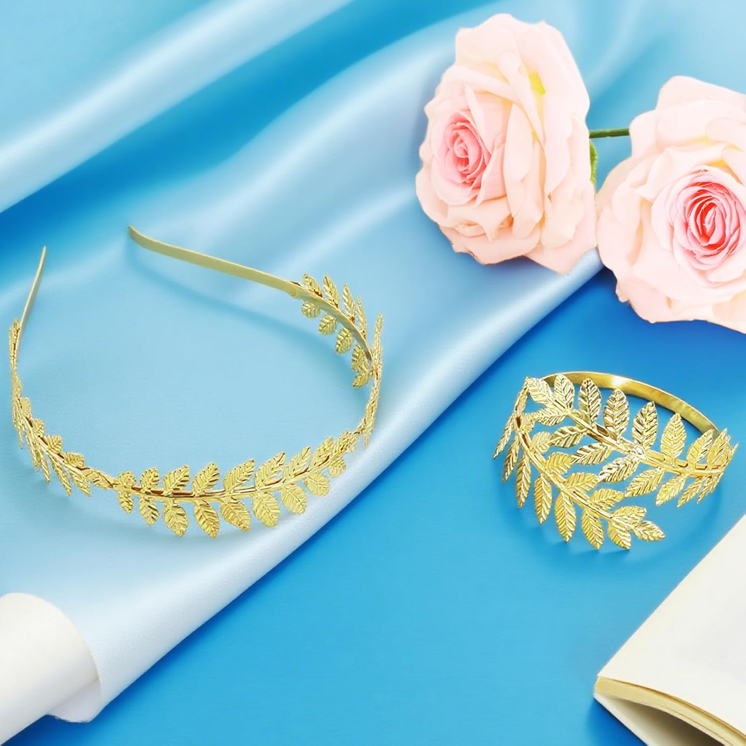 2Pcs Greek Goddess Headband Arm Cuff Bridal Jewelry Set Roman Leaf Branch Crown Upper Arm Band Bracelet for Women image number 1
