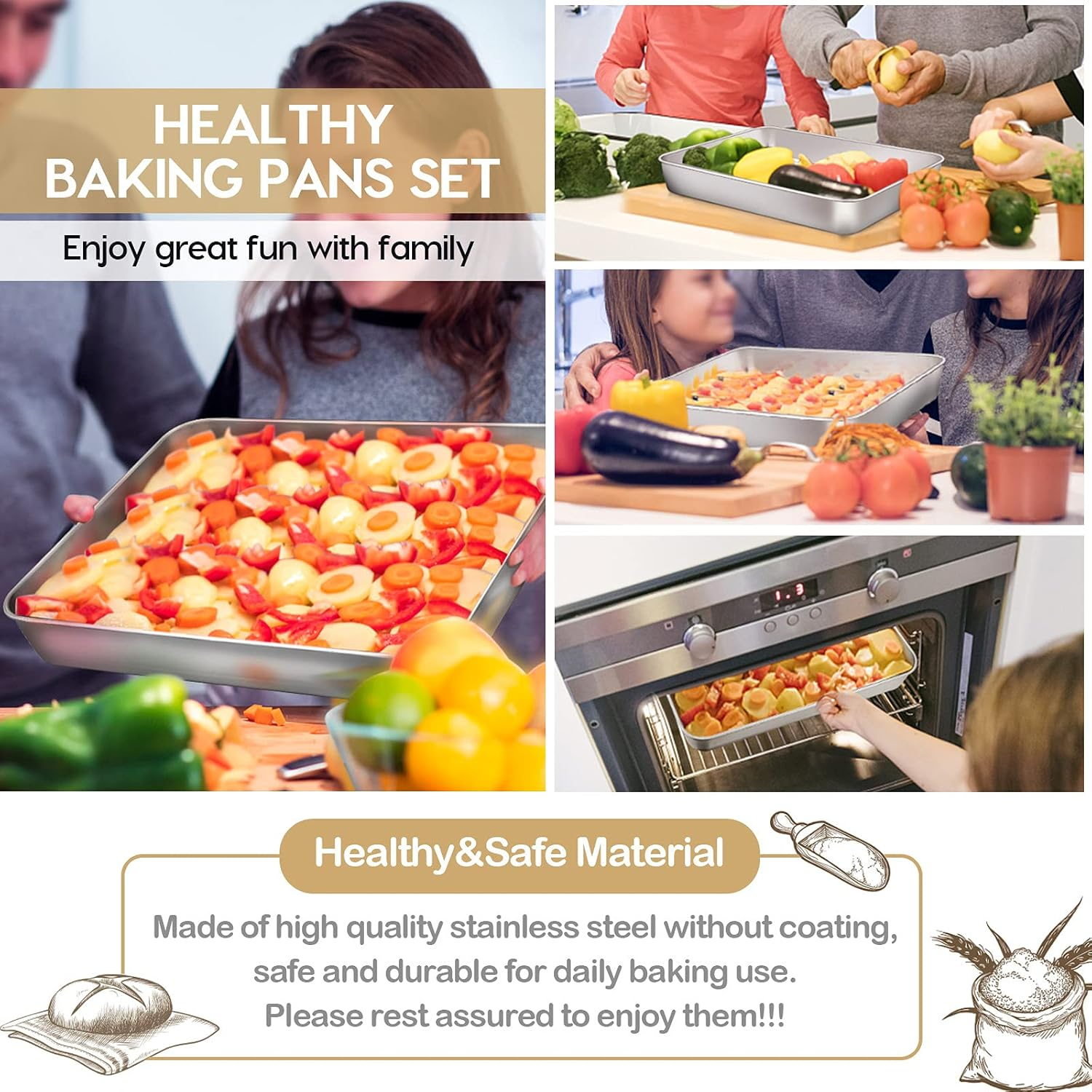 E-Far Baking Pan with Lid(12.4/10.4/9.4 Inch), Stainless Steel Rectangular Sheet Cake Pans with Cover, Metal Bakeware Sets for Lasagna Casseroles Brownie, Non-Toxic & Dishwasher Safe - 3 Pans + 3 Lids image number 4