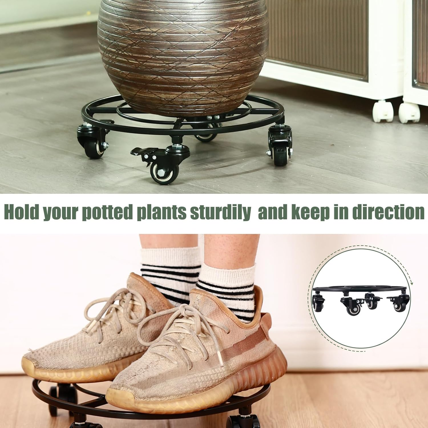 Kvyusflourish 2 Packs Large Metal Plant Caddy with Wheels 13.6" Rolling Plant Stands Heavy-Duty Wrought Iron Plant Dolly Plant Rollers Planter Mover with Casters, Strong Load Capacity image number 6