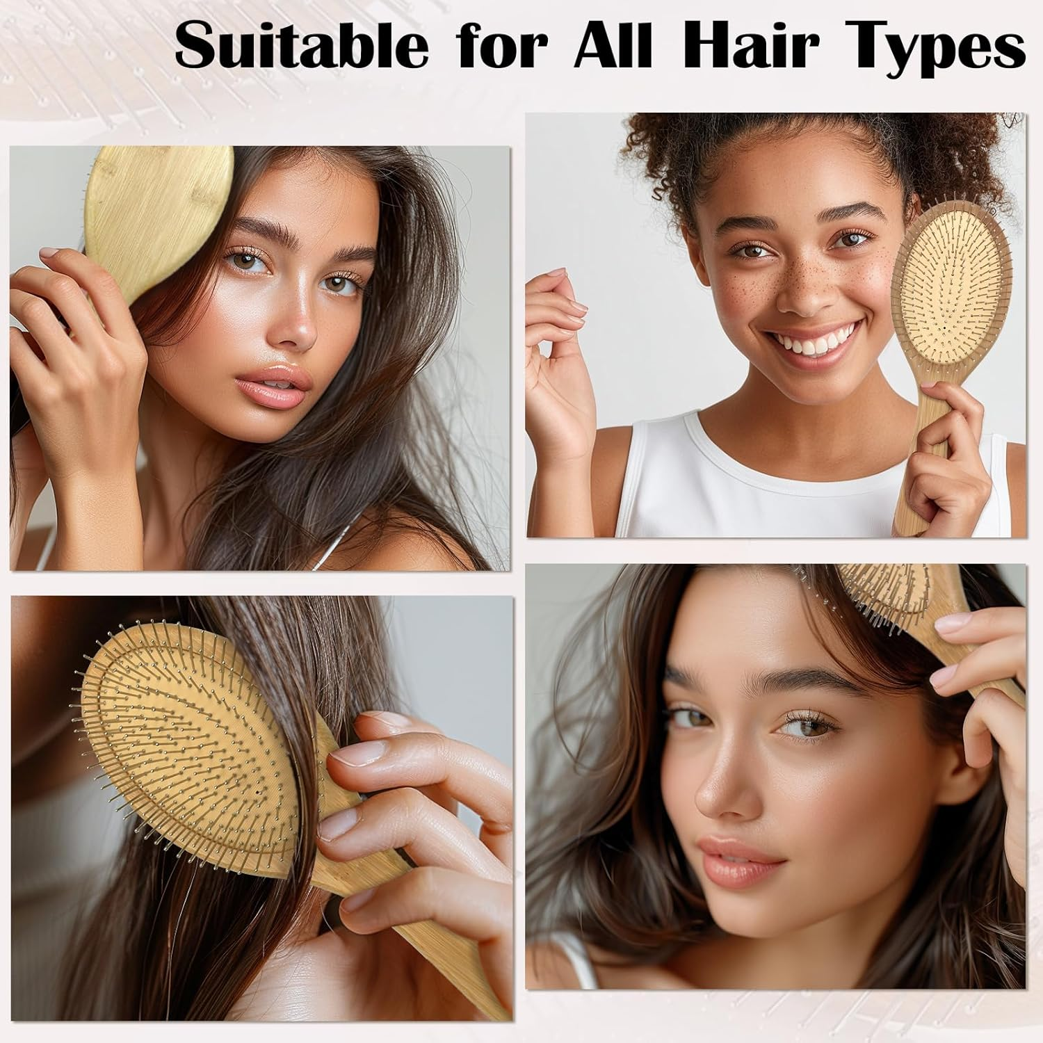Bamboo Hair Brush, with Metal Bristles - Anti-Static, for Smoothing & Massage & Detangling, for All Hair Type, Men, Women, Children
