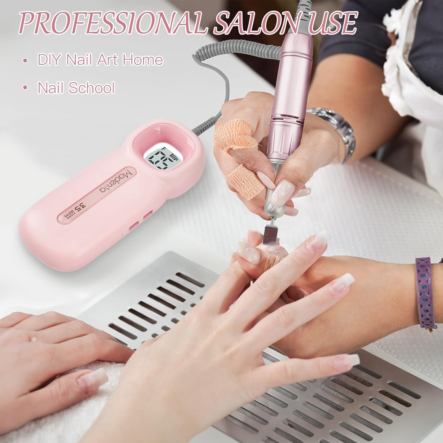 Madenia Rechargeable Electric Nail Drill Professional Portable E File Machine for Acrylic Gel Nails, Cordless Manicure Pedicure Polishing Tools, Pink image number 6