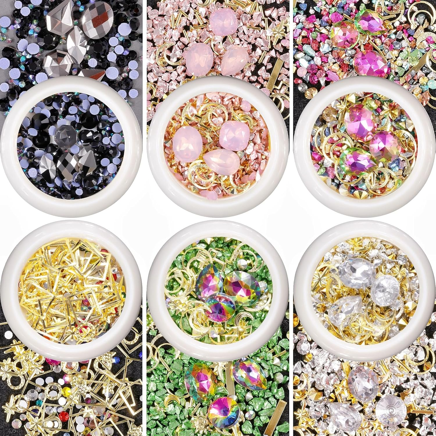 (Micro Mini Stones Kit) - Edittime 6 Wheels Mixed Sparkle Nail Art Rhinestones Diamonds Crystals Beads Artificial Pearls and Gold Silver Nail Studs Gems Metal Rivets Charms Hollow Moon Star Shaped image number 1