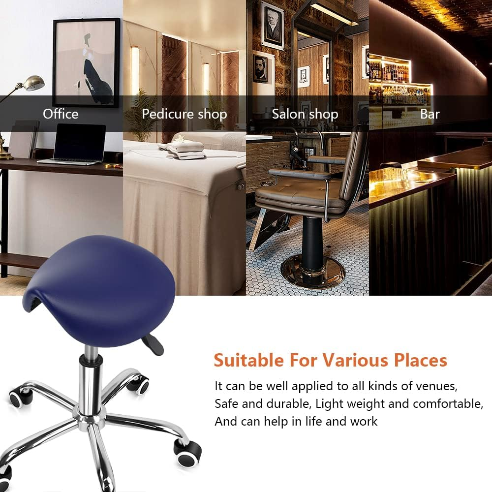 KKTONER Rolling Saddle Stool PU Leather Swivel Adjustable Rolling Stool with Wheels Salon Chair (Blue)