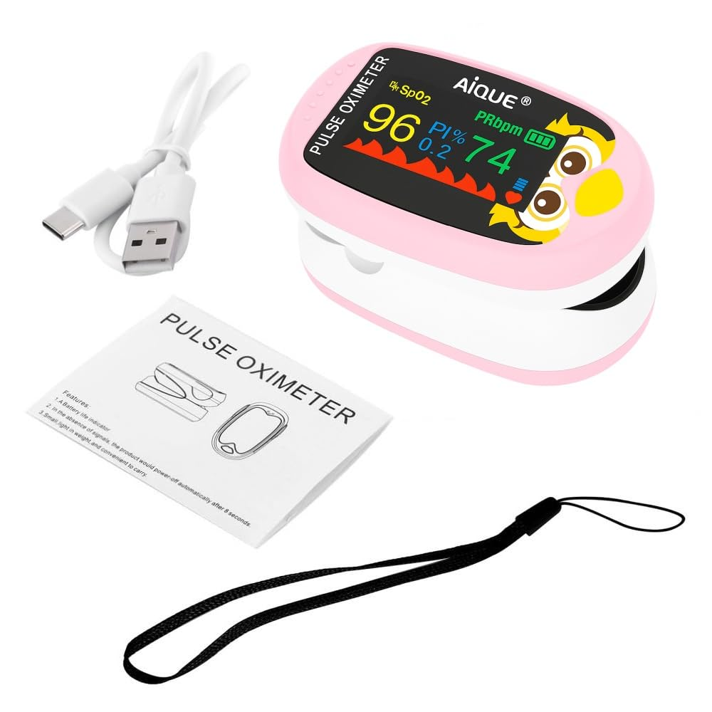 Cute Owl Finger Pulse Kids Oximeter Children Infants Babies Blue Pink | Rechargeable Heart Rate Blood Oxygen Saturation Monitor Spo2 PI LED Display (Pink)