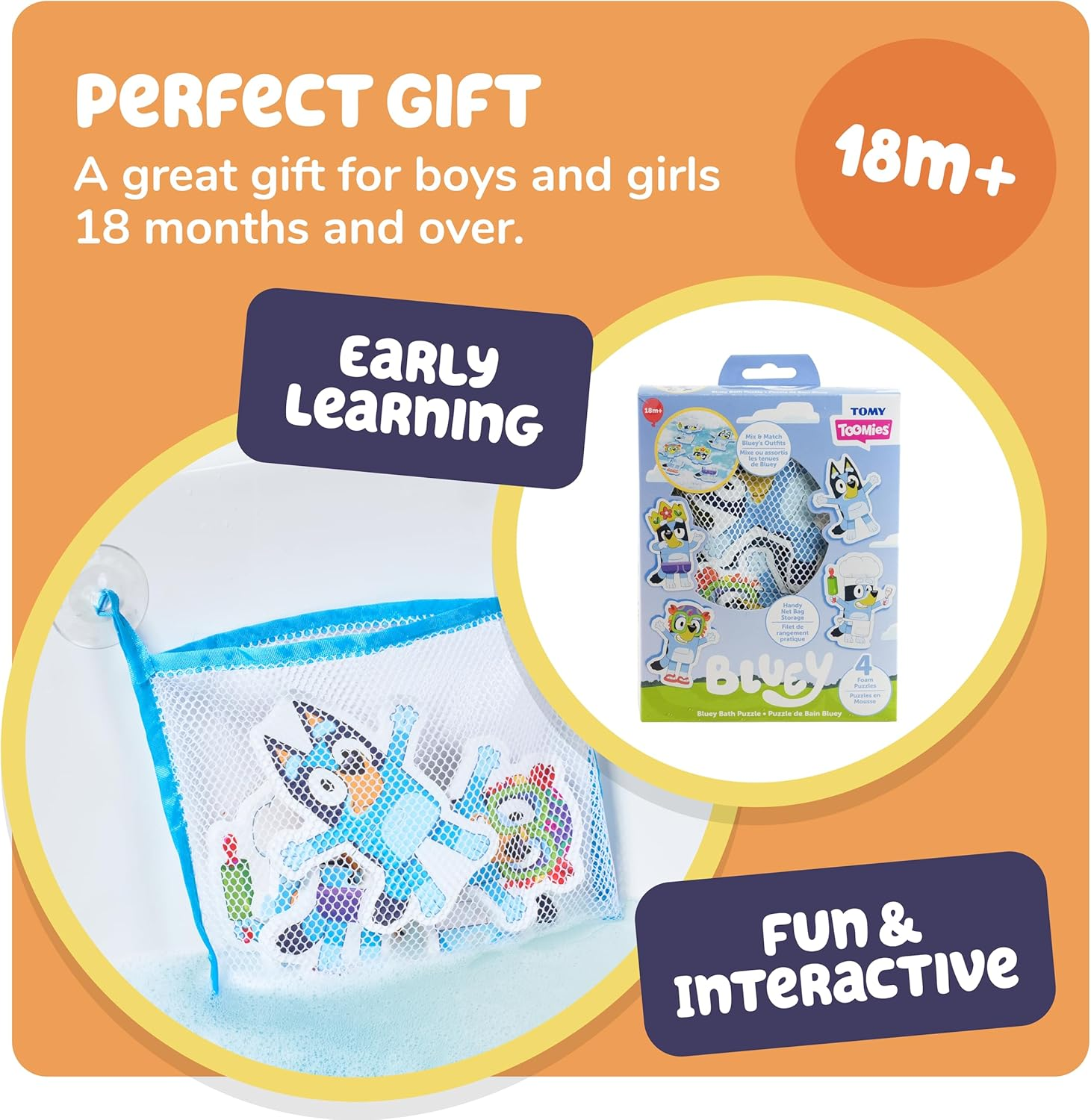 TOMY Toomies Bluey Bath Puzzle &ndash; 8-Piece Foam Jigsaw Puzzle Set with Mix & Match Bluey Poses, Soft Baby Bath Toys, Non-Toxic and Water-Friendly, Includes Mesh Storage Bag with Suction Cups, 18+ Months image number 1
