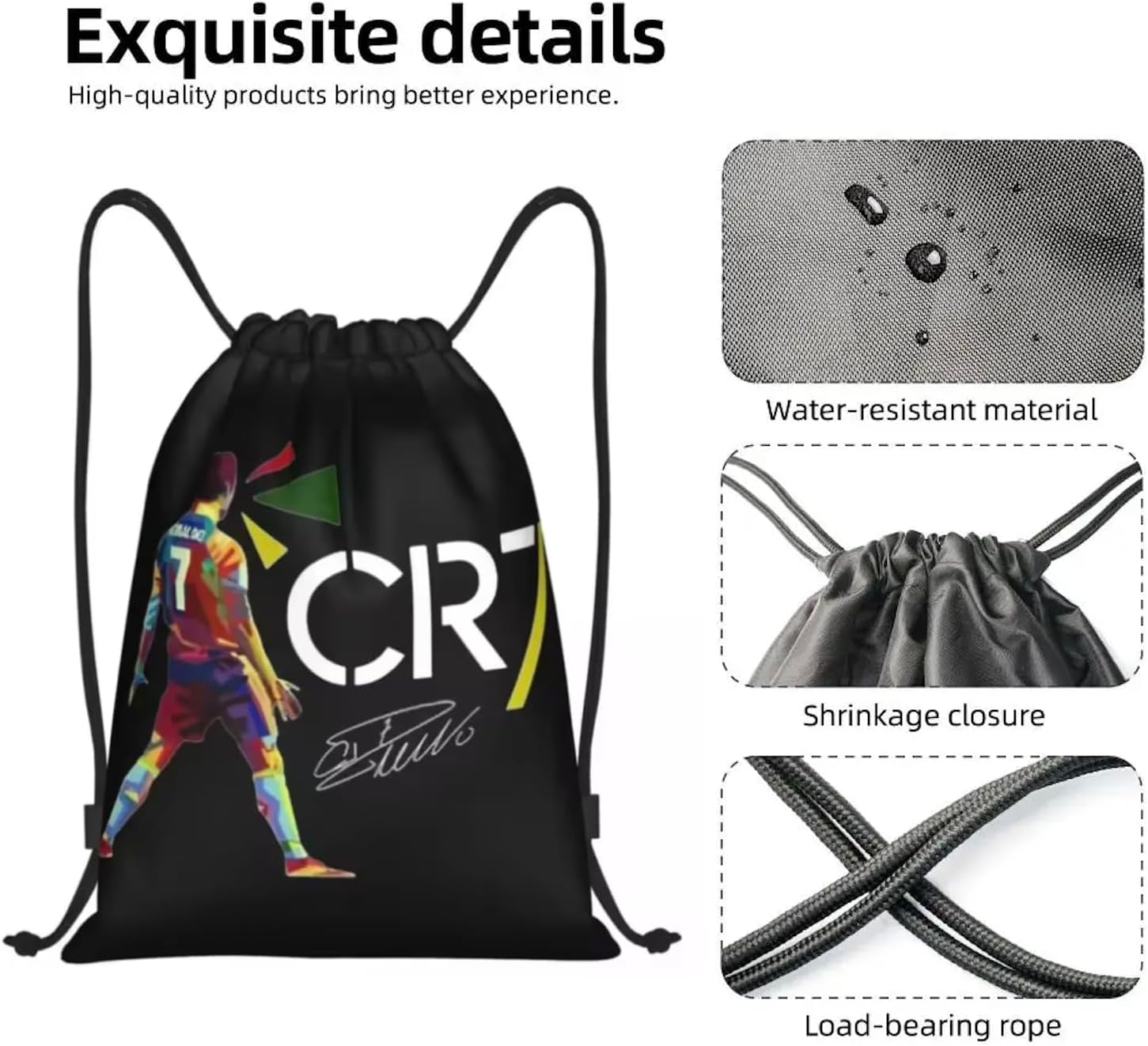 EZB Football Legend Ronaldo CR7 Drawstring Bag | 36X30Cm Midi Sized Backpack | Multi-Use: Sports Kits, PE Kits, Gym, Lunch, Holiday, Beach, Soccer Pump Bag | CR7 Colourful Bag, Multicoloured, 36X30Cm image number 1