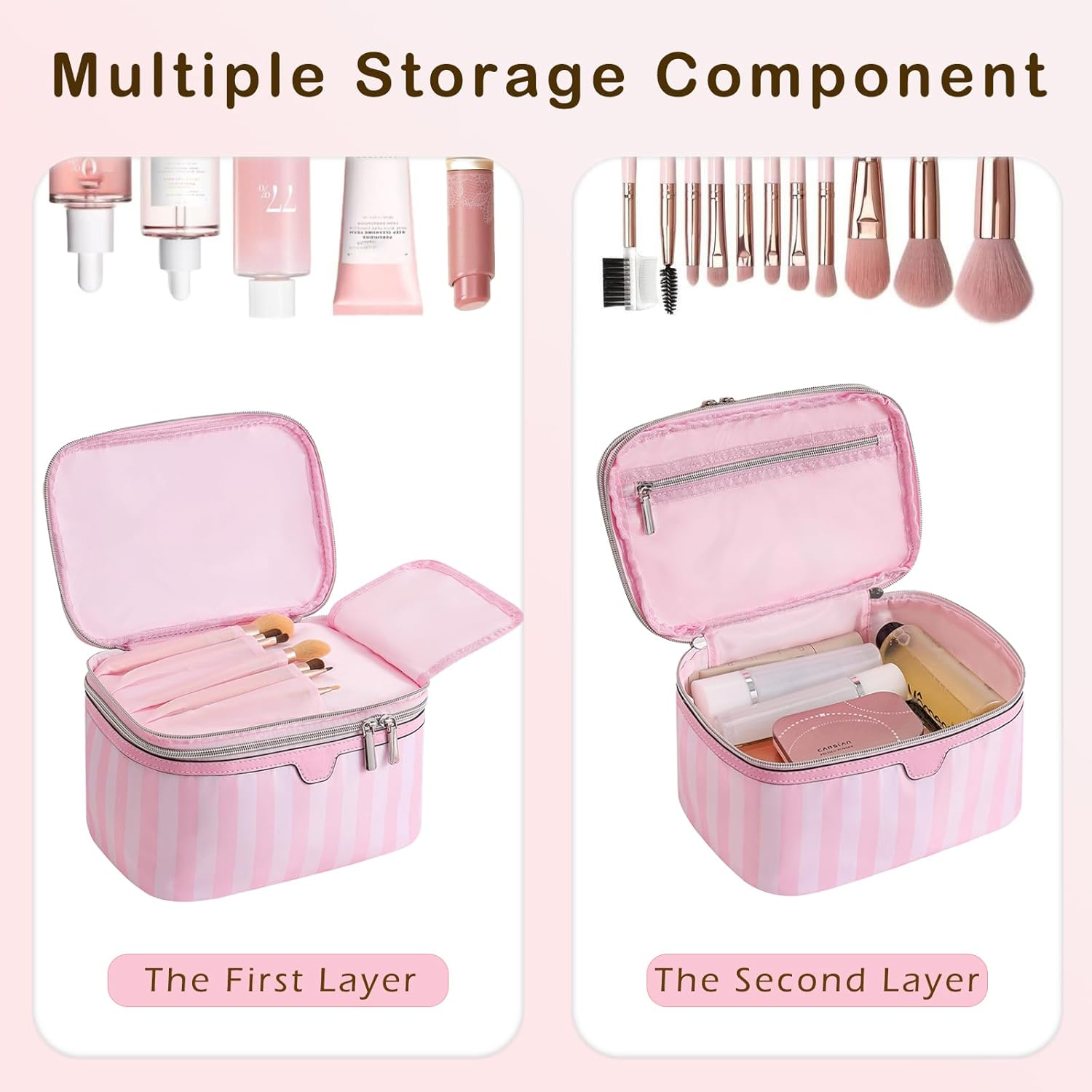 RSRSLEII Large Waterproof Double Layer Travel Makeup Bag, Aesthetic Nylon Striped Cosmetic Case，Coquette Traveling Toiletry Bag with Handle，Ideal for Women and Girls, 01Top Open, Striped and Colorful - 01Top Open image number 4