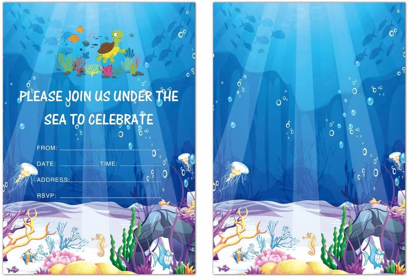 Manqianxun Ocean Sea Life Party Supplies - Magical Ocean Sea Life Invites for Boys and Girls Fill-In10 Pack Party Invitations Cards with Envelopes Birthday Wedding Babypool Party image number 3