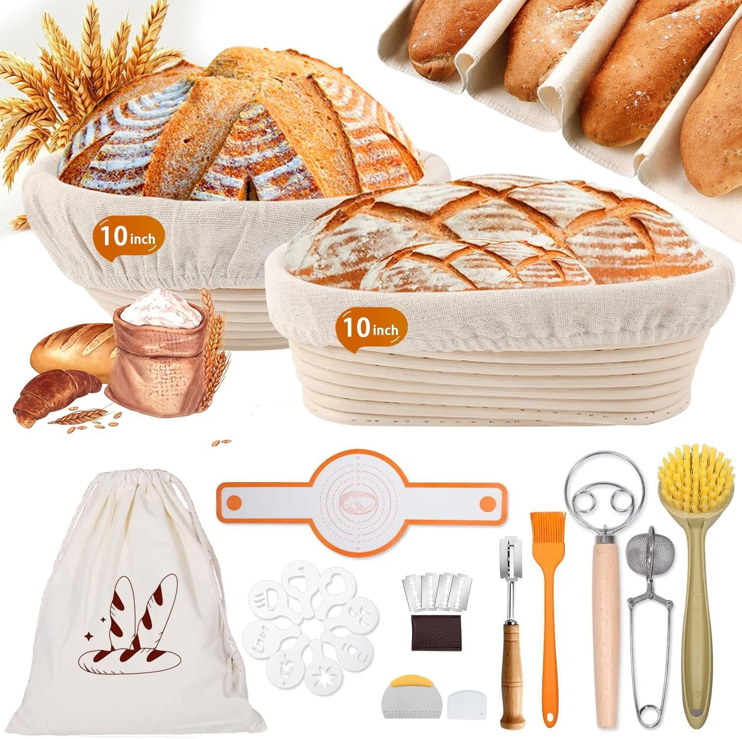 Sourdough Starter Kit,Natural Rattan Bread Proofing Basket,18-Piece Set Banneton Proofing Basket with round & Oval Rattan Proofing Baskets,Sourdough Kit with the Necessary Tools image number 3