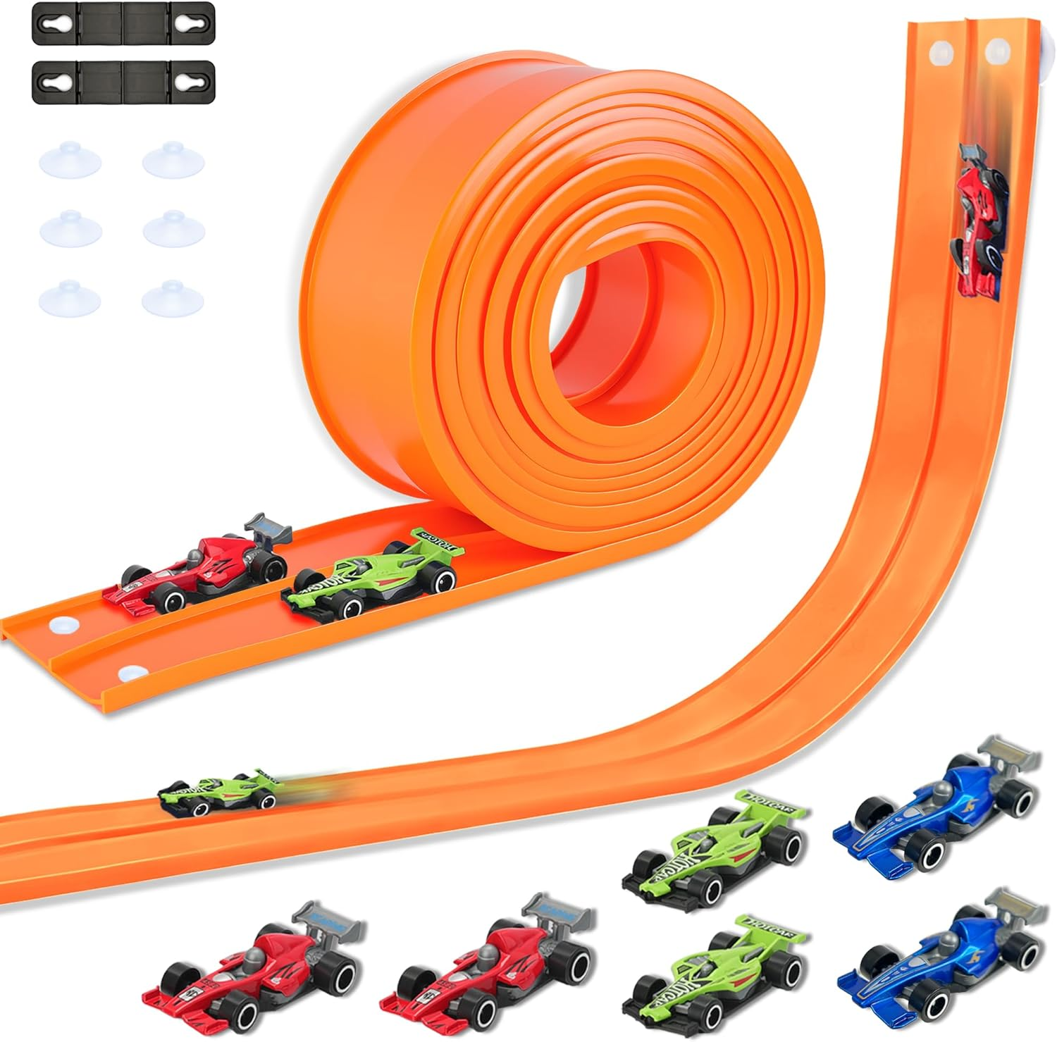 OMIPAWZ 15 Ft / 450 Cm Double Sided Flexible Race Track Set with 6 Toy Cars for Kids (Orange) image number 1