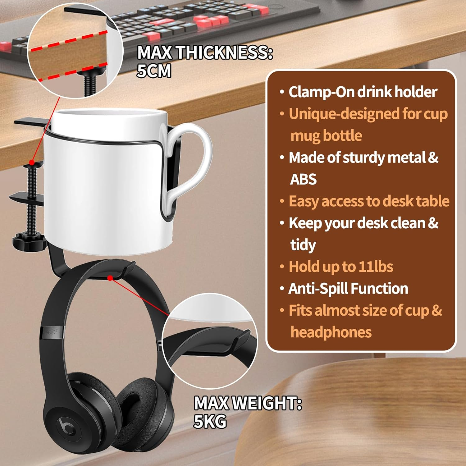 Desk Cup Holder Luxury 2-In-1 Anti-Spill Cup Holder with under Desk Headphone Hanger Holder with Durable Clamp on Desk Organizer (White) image number 5