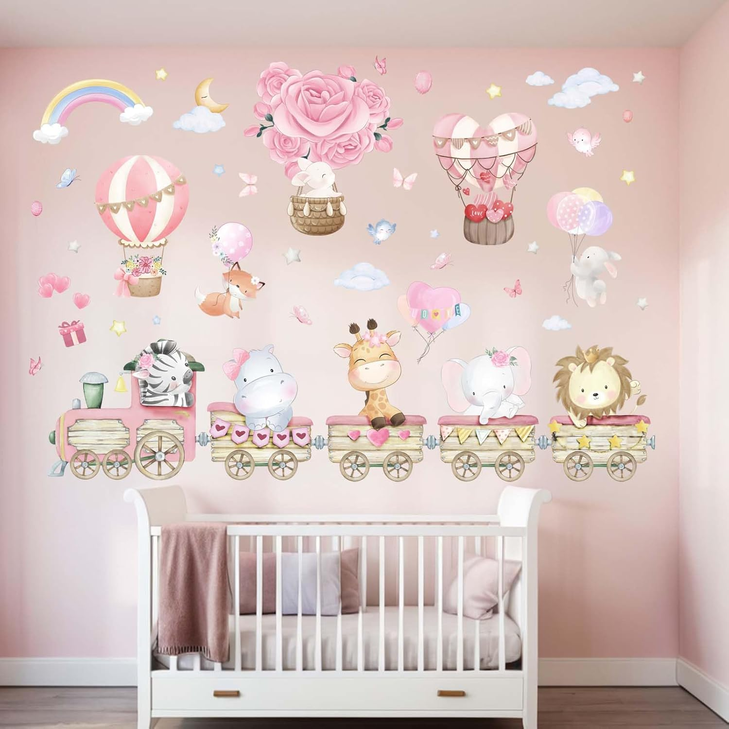 Amimagen Hot Air Balloon Animal Wall Stickers - Elephant Lion Giraffe Train Animal Wall Decals - Baby Nursery Kids Girls Bedroom Daycare Wall Decor image number 3
