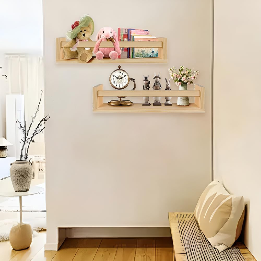 2 Pack Wood Nursery Bookshelves for Wall, 42 Cm Long Floating Book Shelves, Wall Mounted Bookcase for Bedroom, Playroom Organizer, Bathroom Decor, 42X10X10 Cm