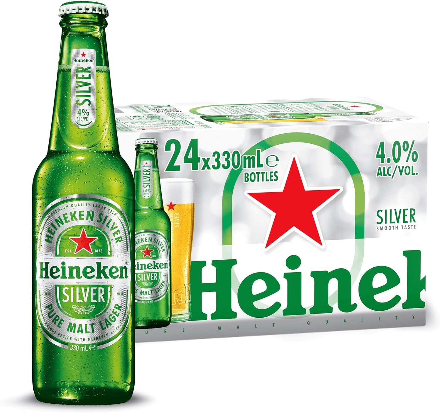 Heineken Silver Smooth Lager Premium International Beer 4% ABV- 24 Pack X 330 Ml Bottle Case